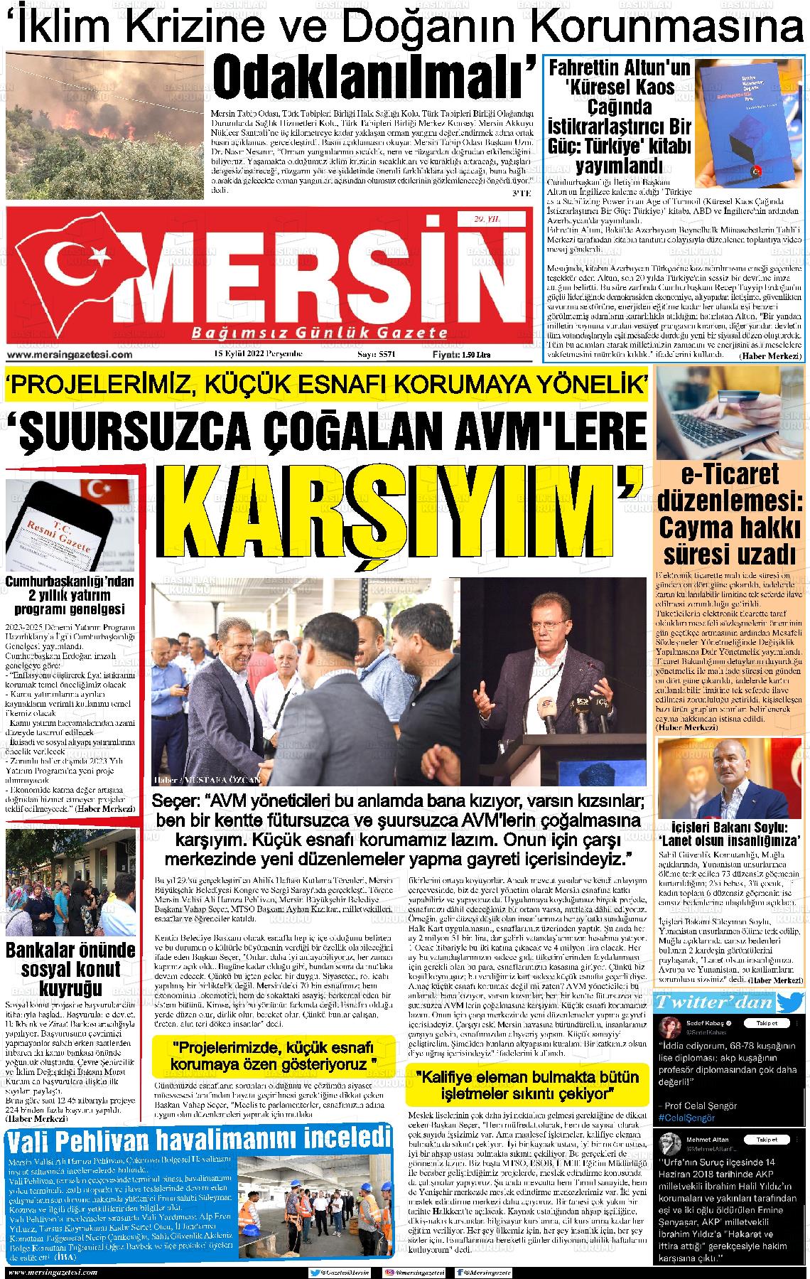 15 Eylül 2022 Mersin Gazete Manşeti