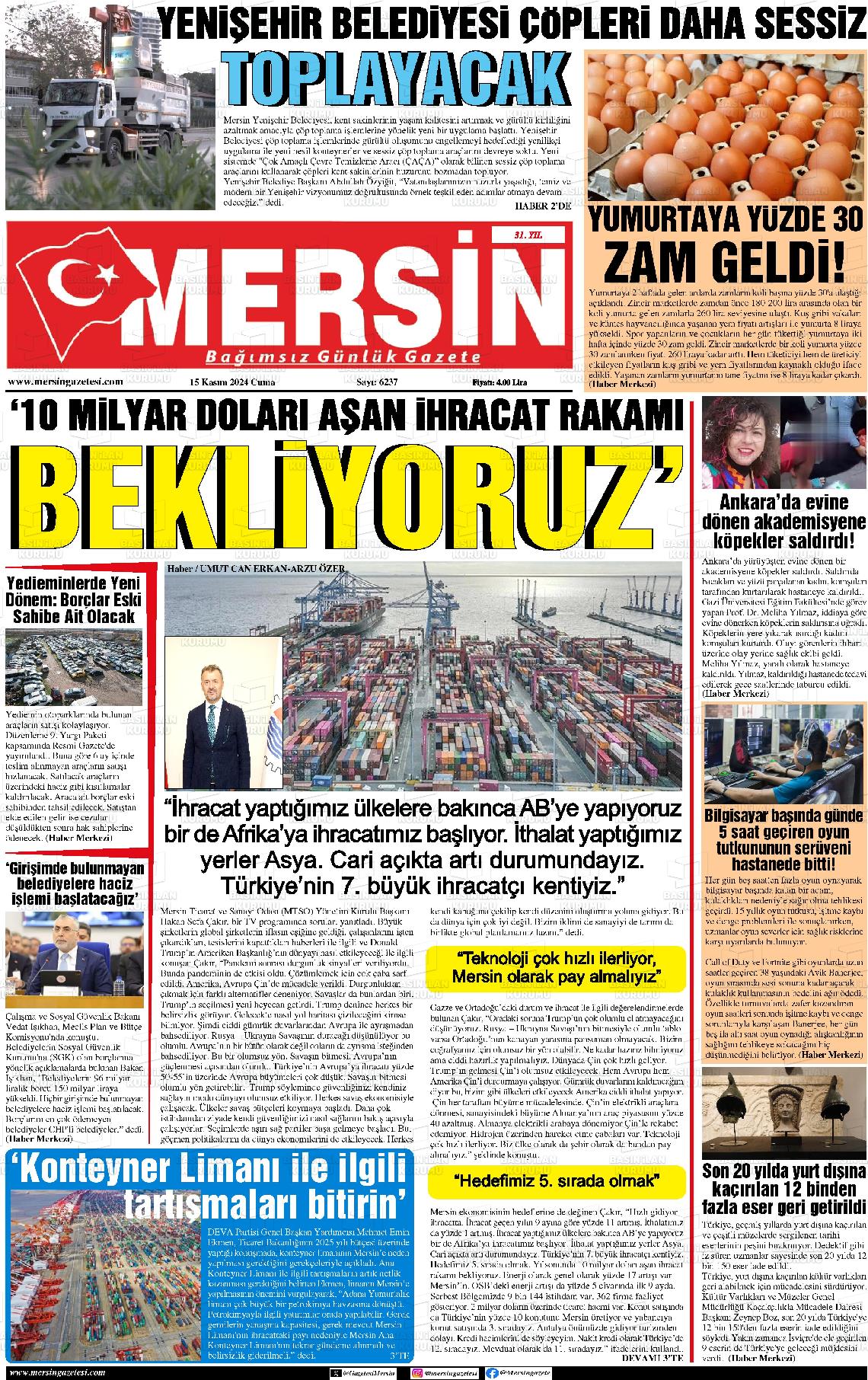 15 Kasım 2024 Mersin Gazete Manşeti