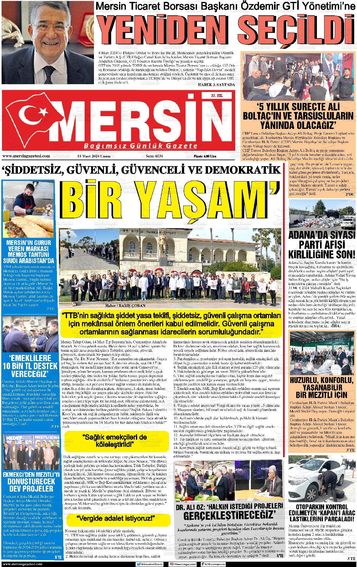 15 Mart 2024 Mersin Gazete Manşeti