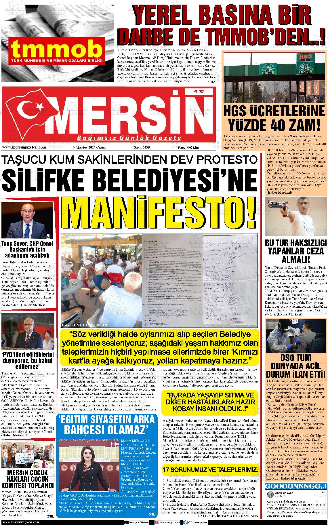 16 Ağustos 2024 Mersin Gazete Manşeti