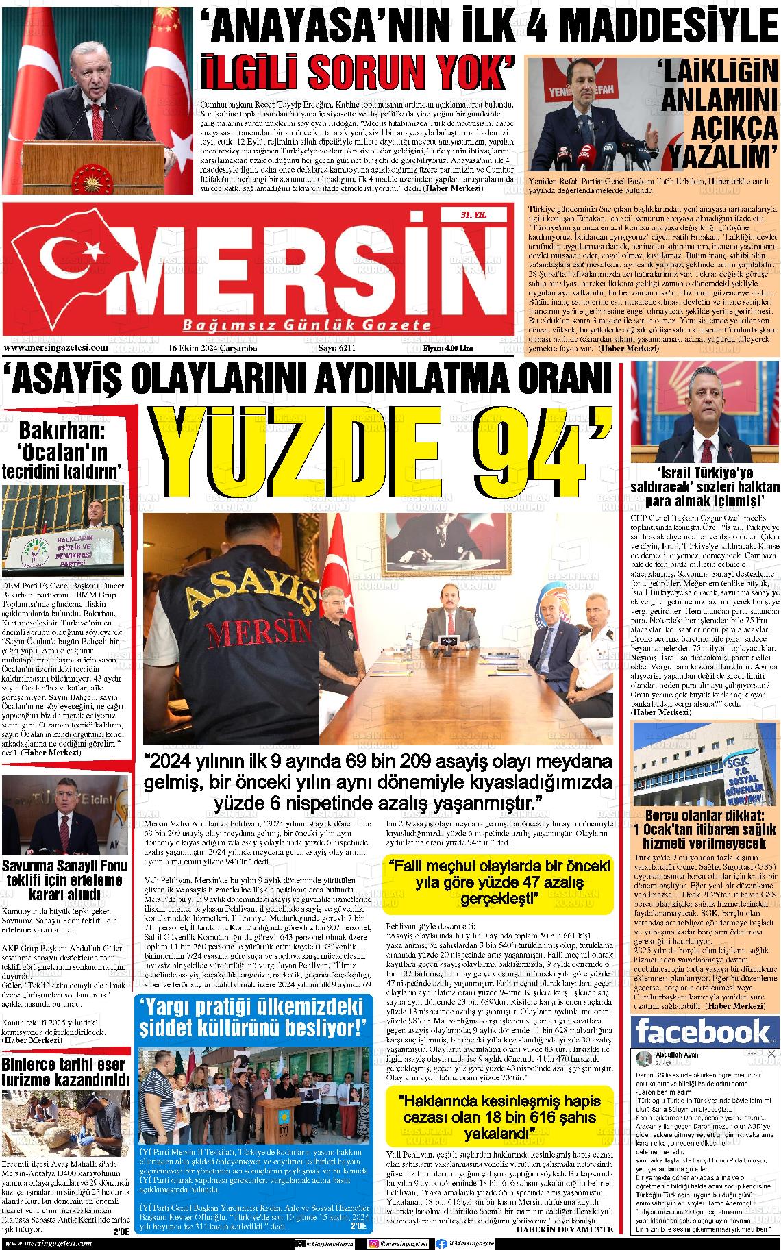 16 Ekim 2024 Mersin Gazete Manşeti