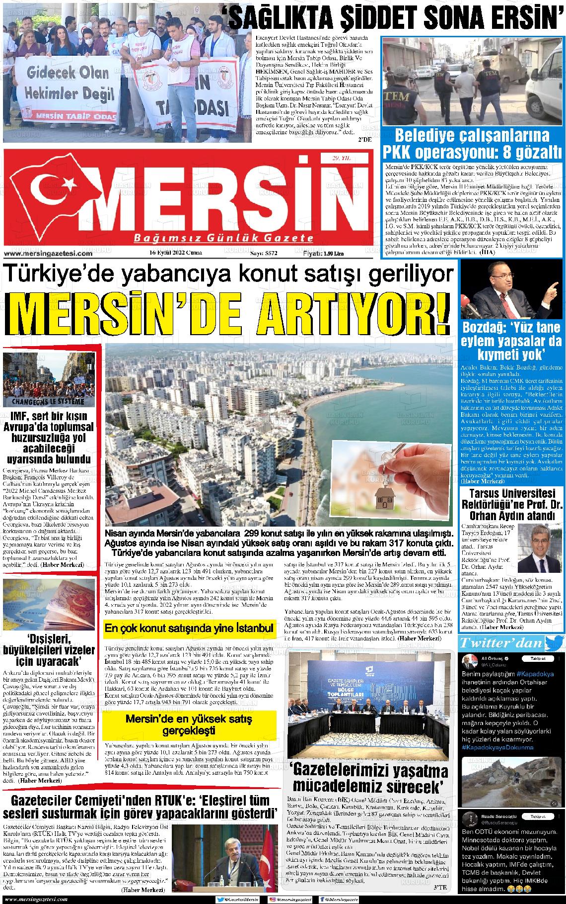 16 Eylül 2022 Mersin Gazete Manşeti