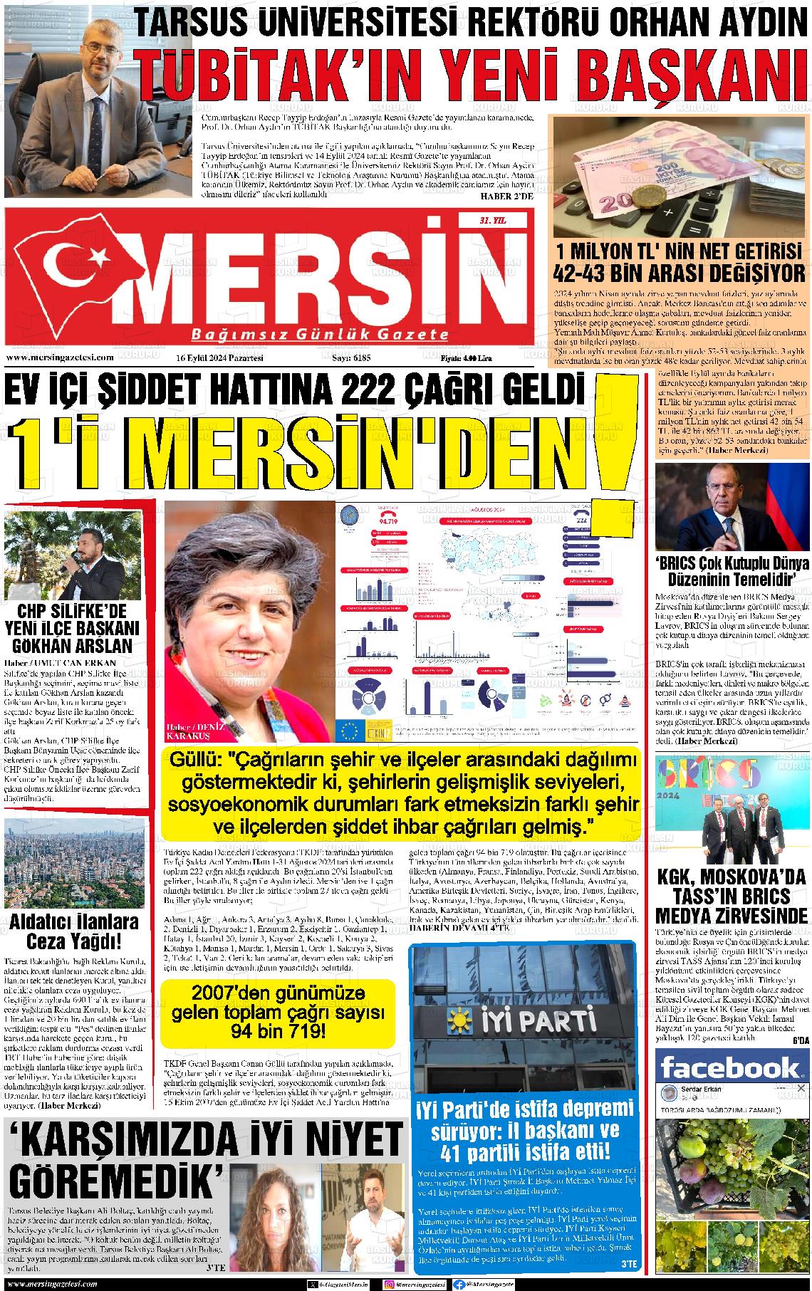 16 Eylül 2024 Mersin Gazete Manşeti