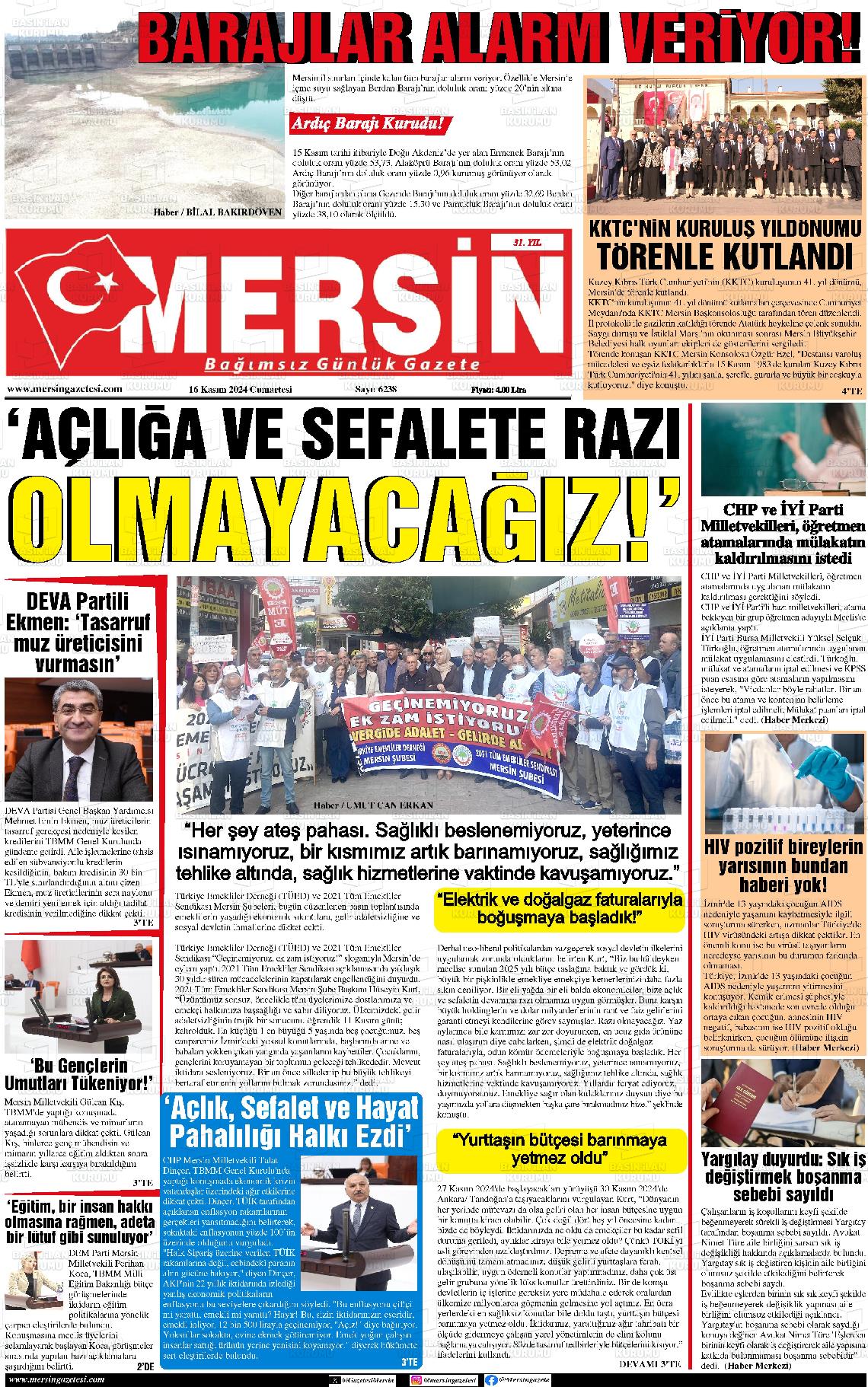 16 Kasım 2024 Mersin Gazete Manşeti