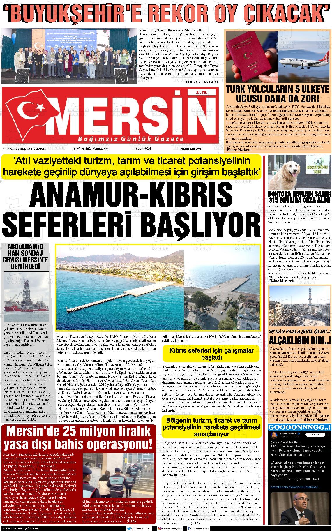 16 Mart 2024 Mersin Gazete Manşeti