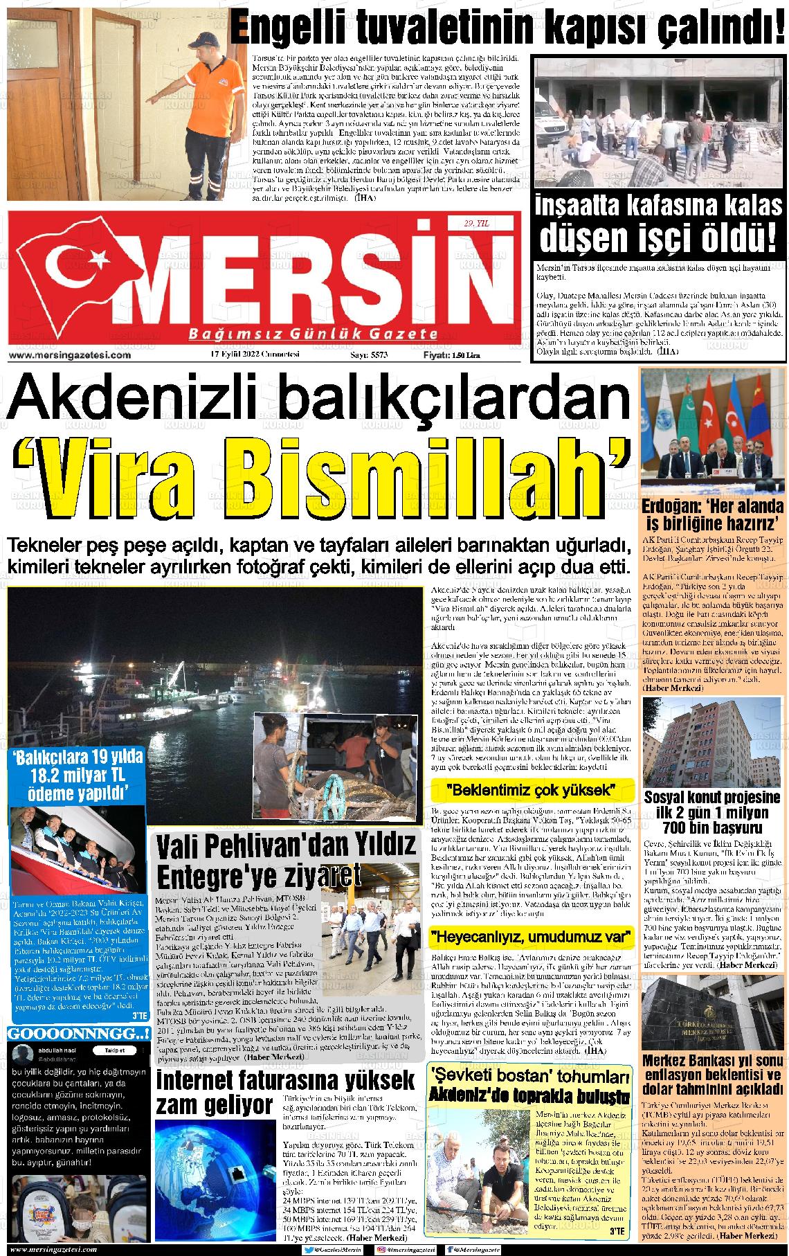 17 Eylül 2022 Mersin Gazete Manşeti