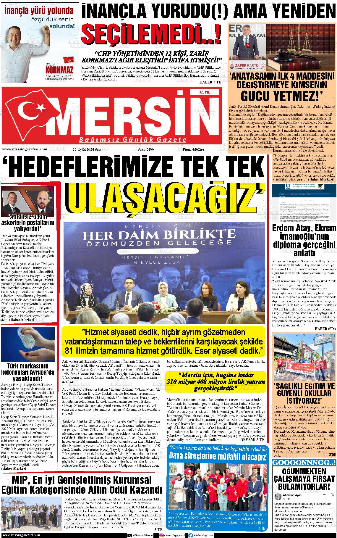 17 Eylül 2024 Mersin Gazete Manşeti