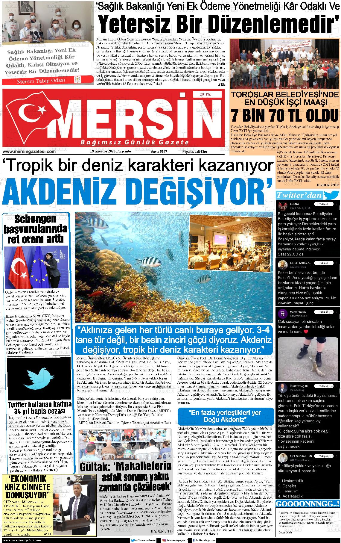 18 Ağustos 2022 Mersin Gazete Manşeti