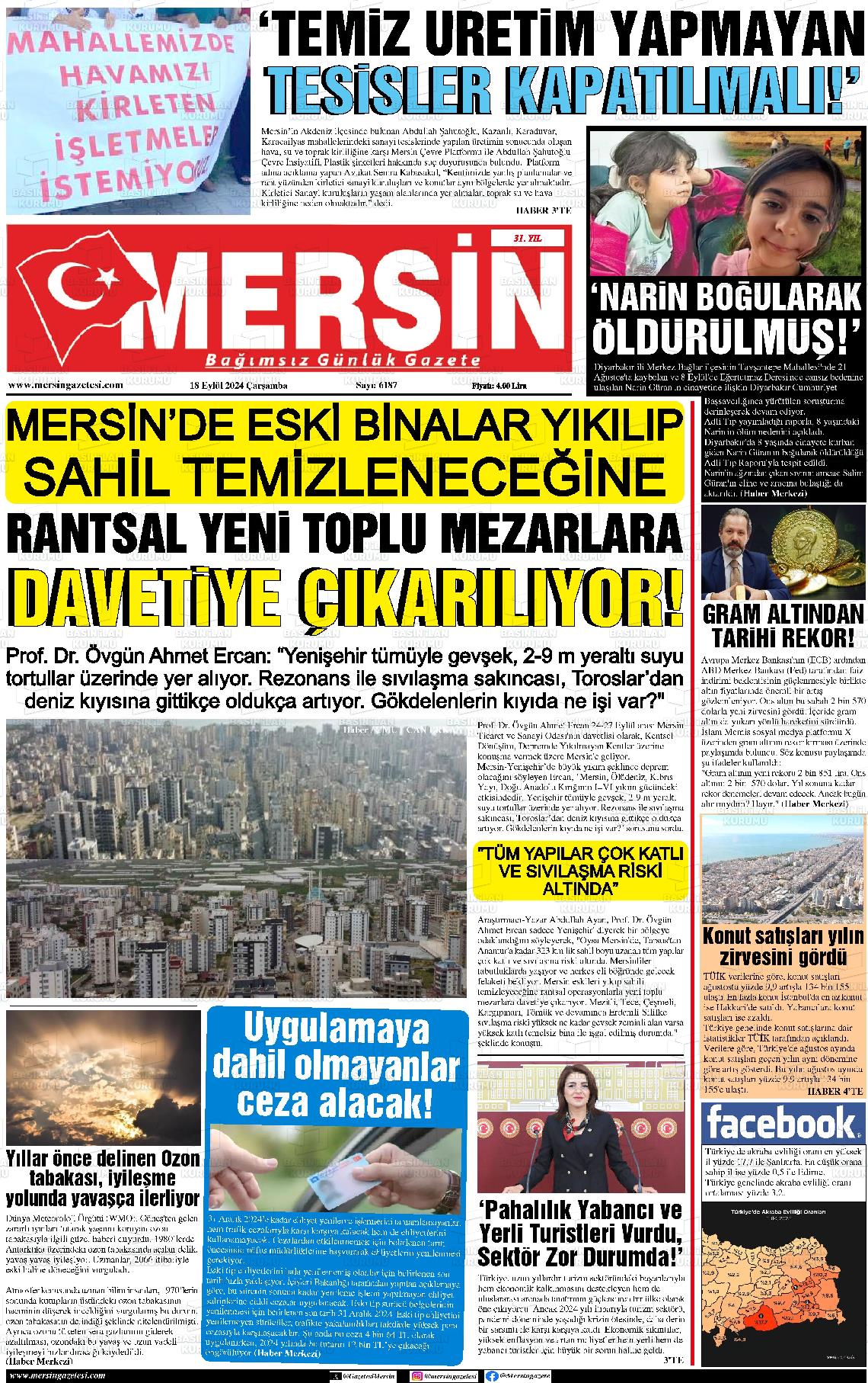 18 Eylül 2024 Mersin Gazete Manşeti