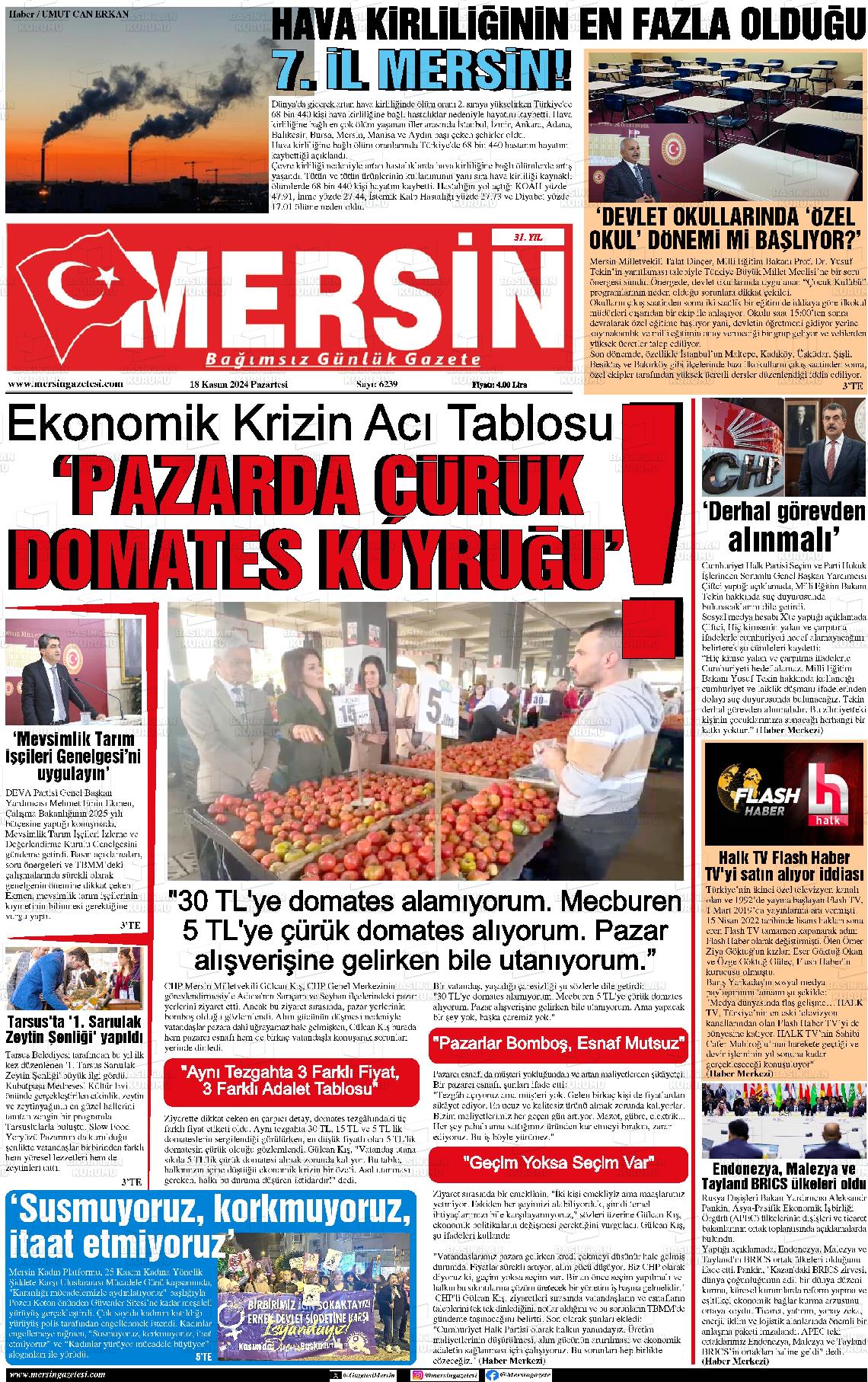 18 Kasım 2024 Mersin Gazete Manşeti