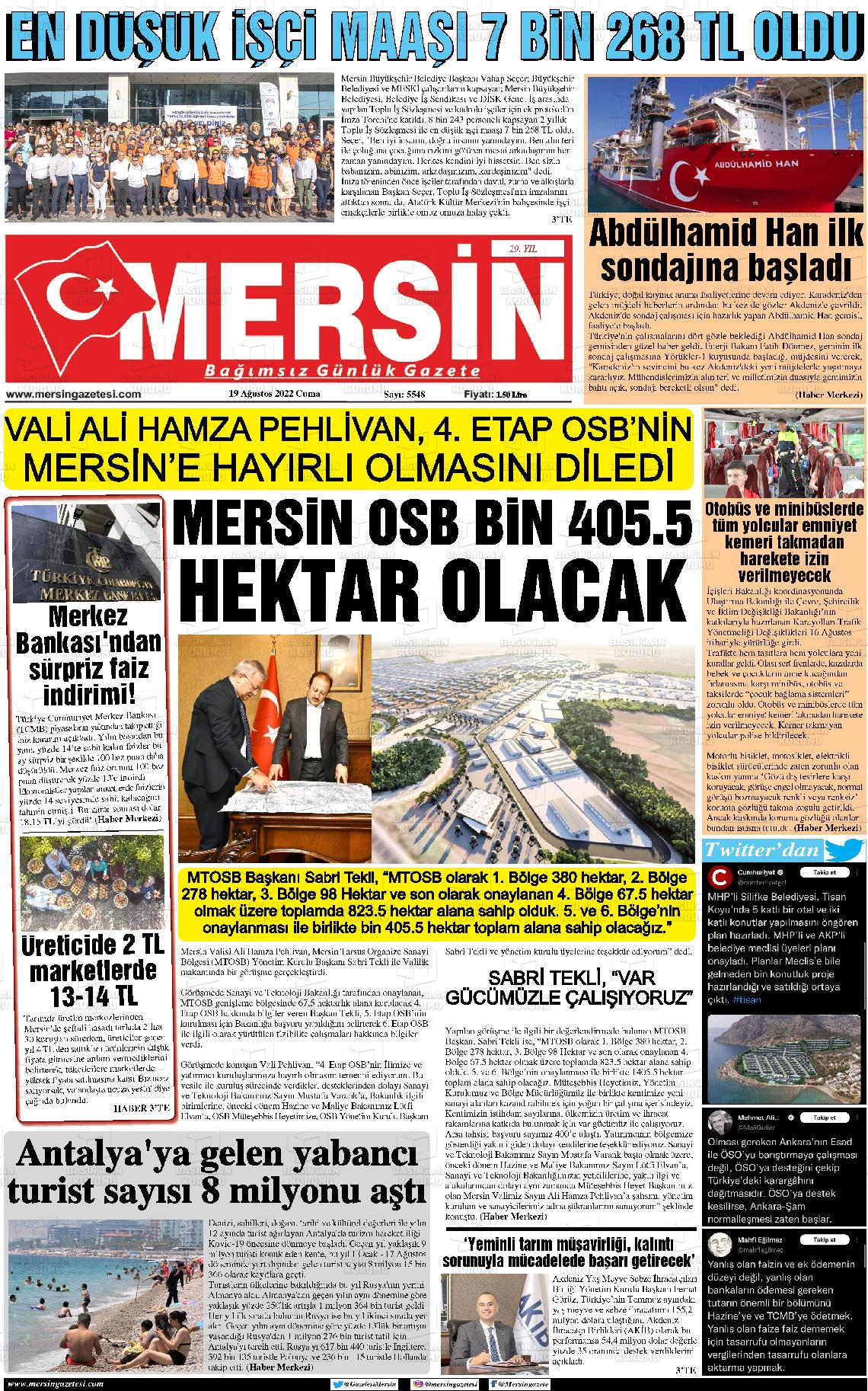 19 Ağustos 2022 Mersin Gazete Manşeti