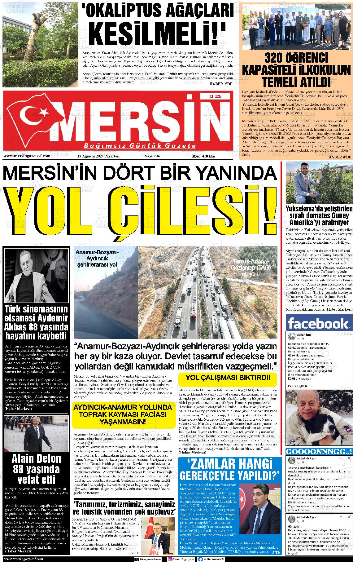 19 Ağustos 2024 Mersin Gazete Manşeti