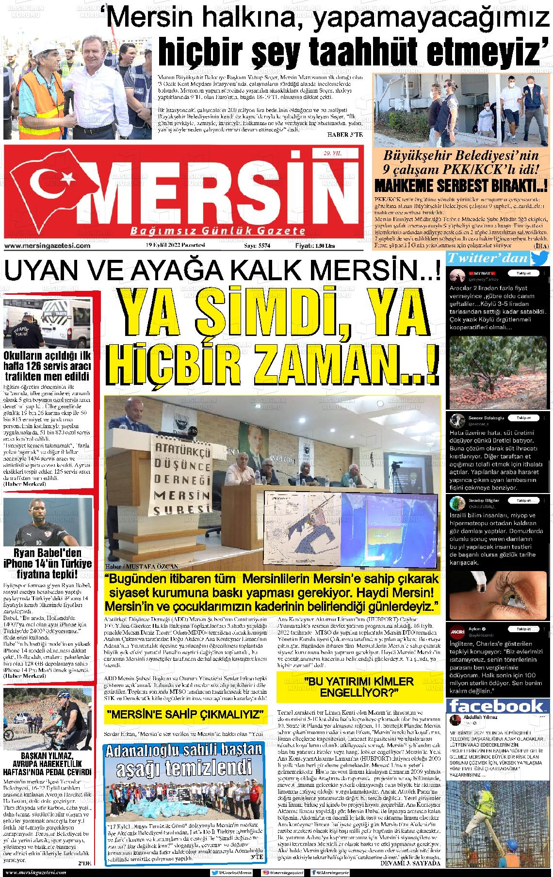 19 Eylül 2022 Mersin Gazete Manşeti