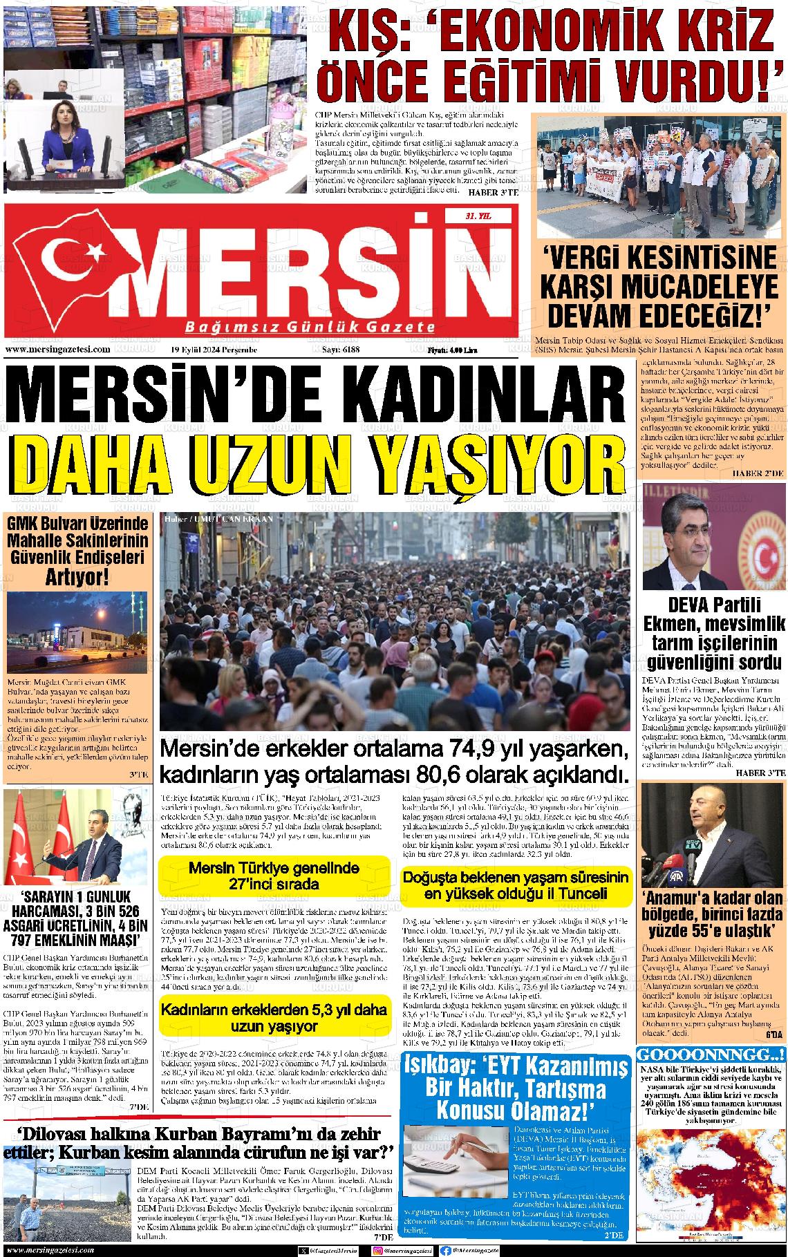 19 Eylül 2024 Mersin Gazete Manşeti