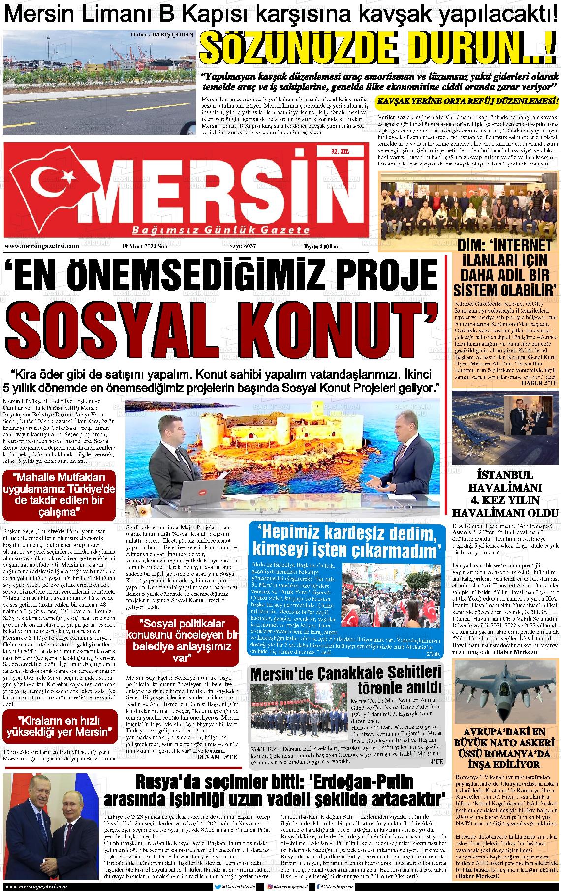 19 Mart 2024 Mersin Gazete Manşeti