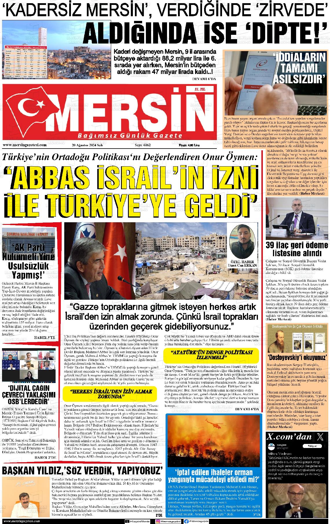 20 Ağustos 2024 Mersin Gazete Manşeti