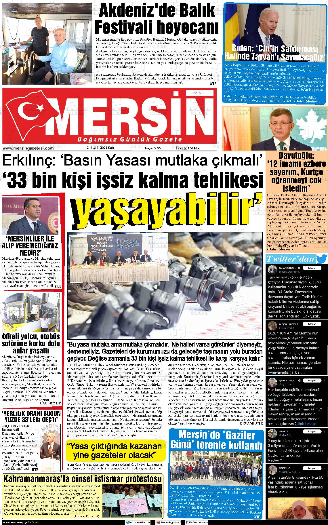 20 Eylül 2022 Mersin Gazete Manşeti