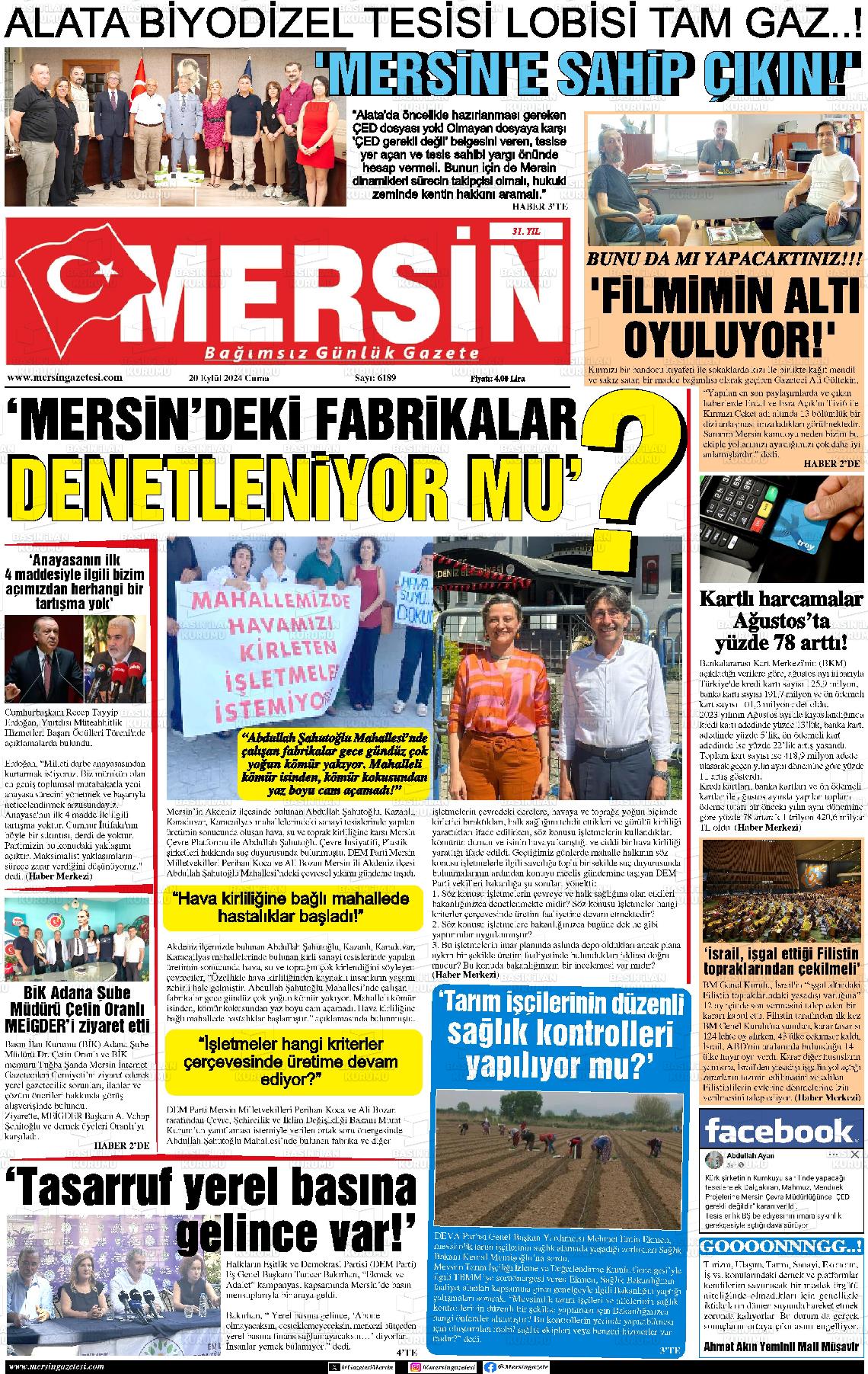 20 Eylül 2024 Mersin Gazete Manşeti