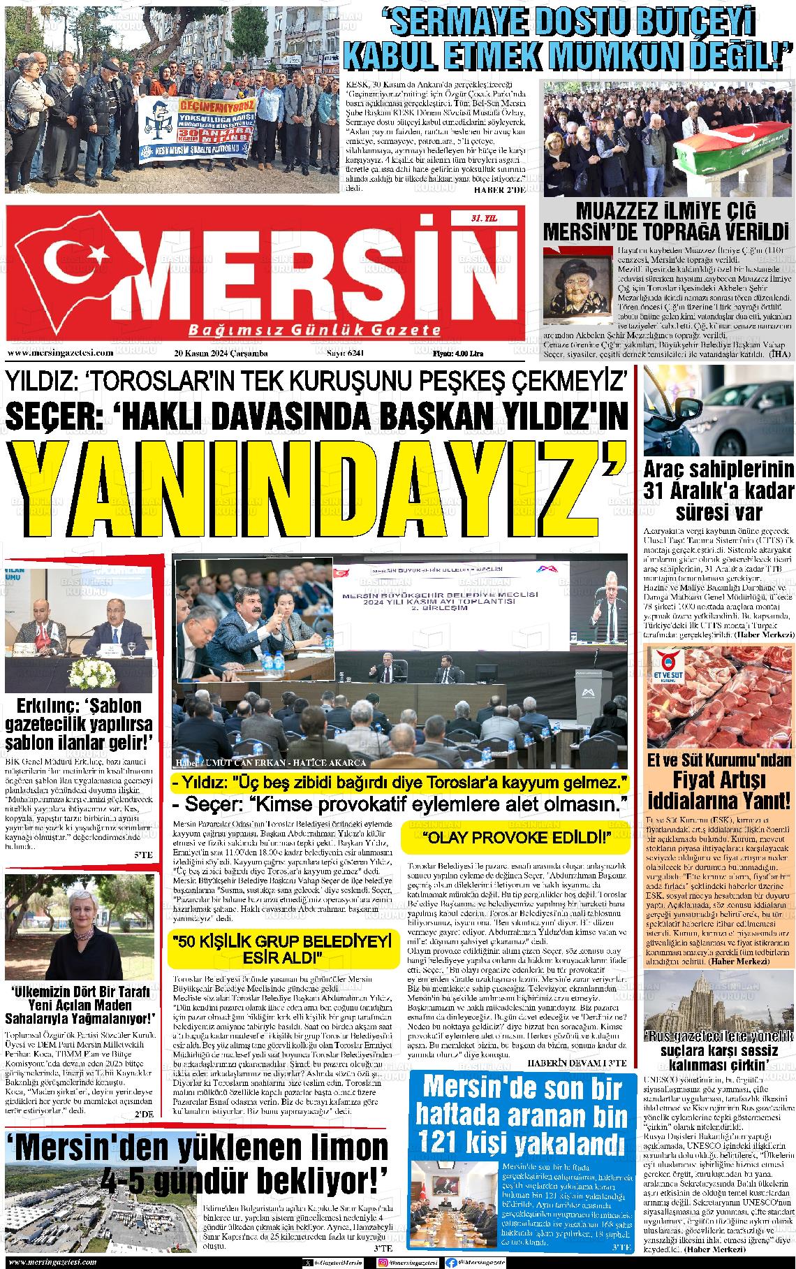 20 Kasım 2024 Mersin Gazete Manşeti