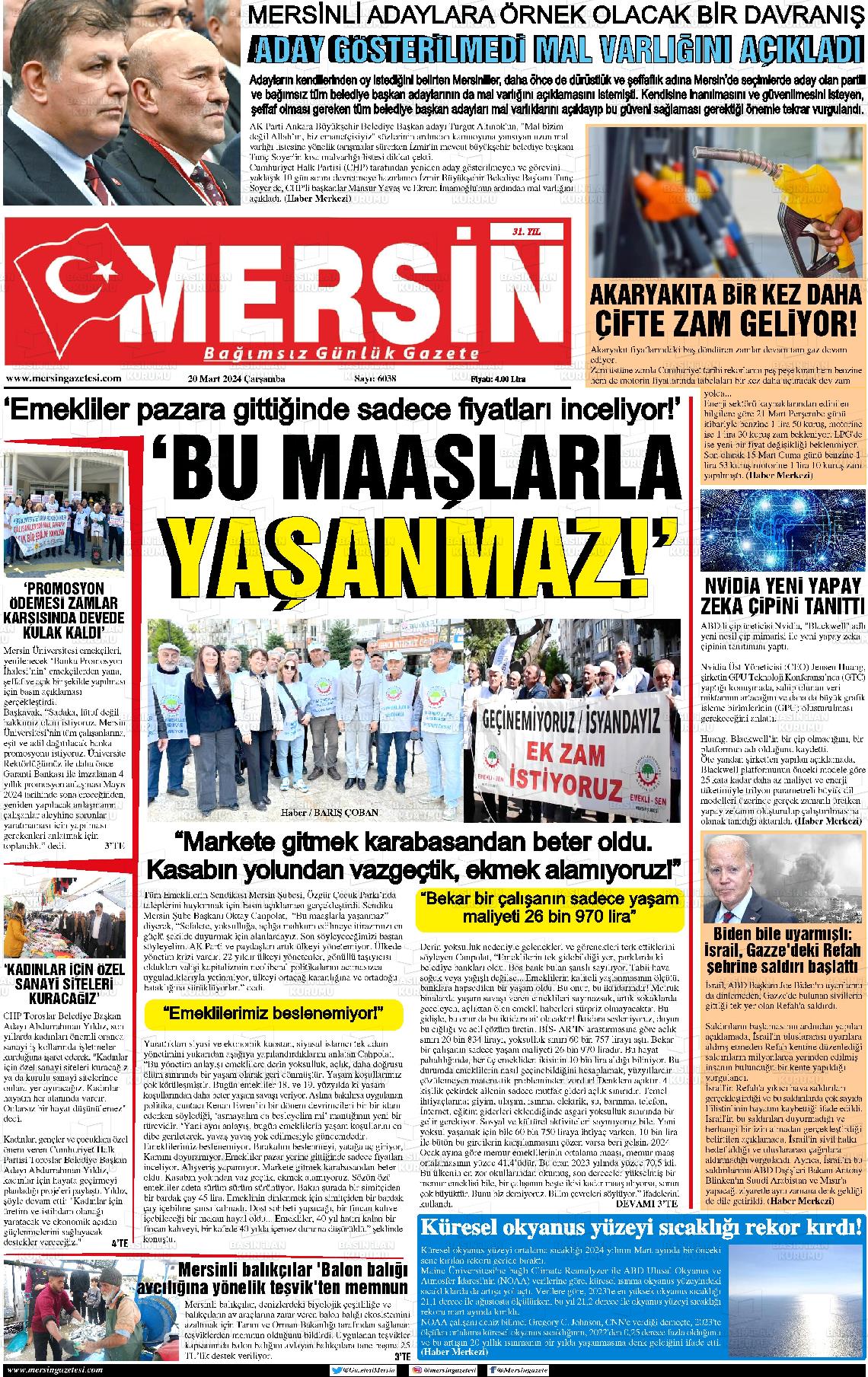 20 Mart 2024 Mersin Gazete Manşeti