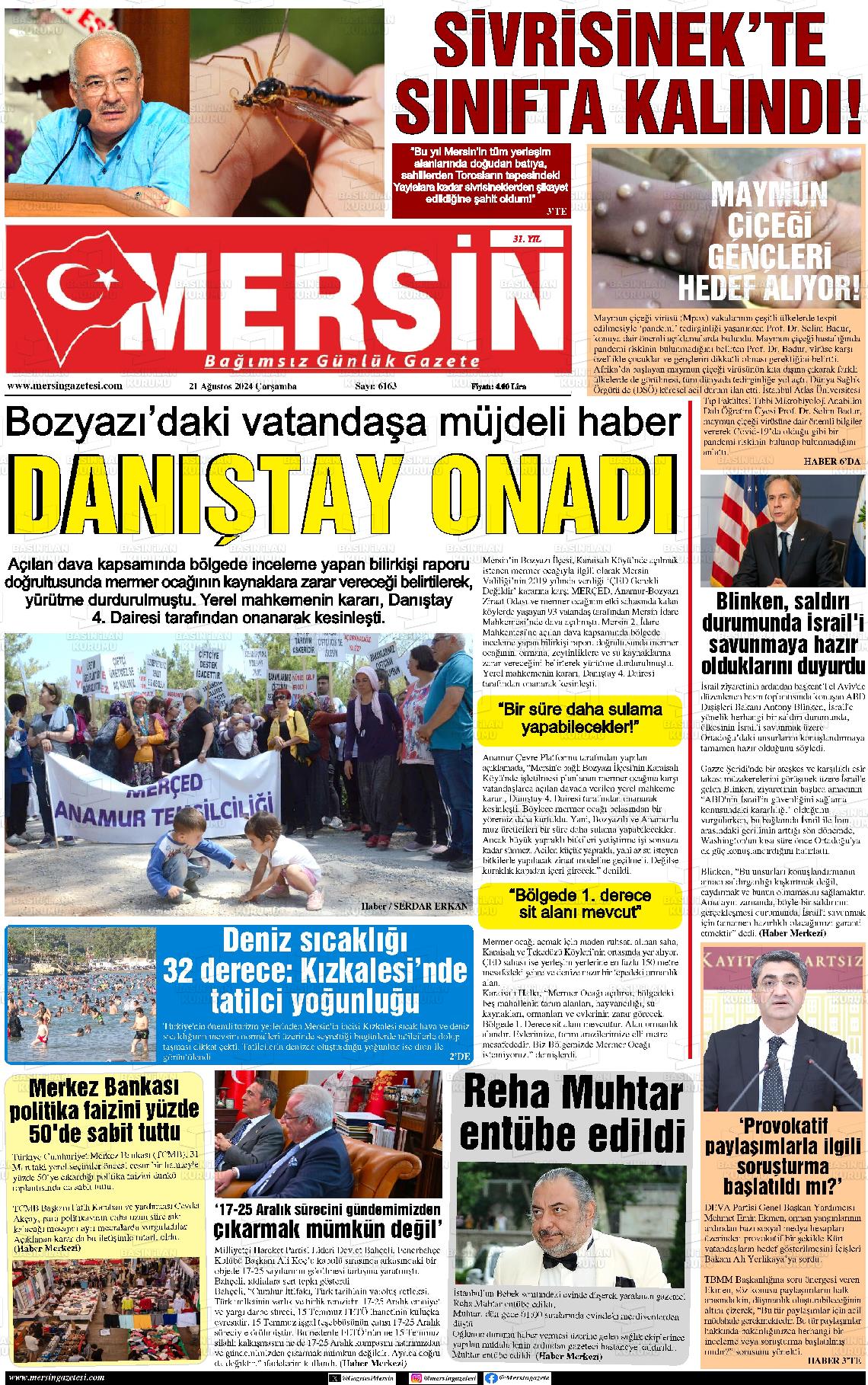 21 Ağustos 2024 Mersin Gazete Manşeti