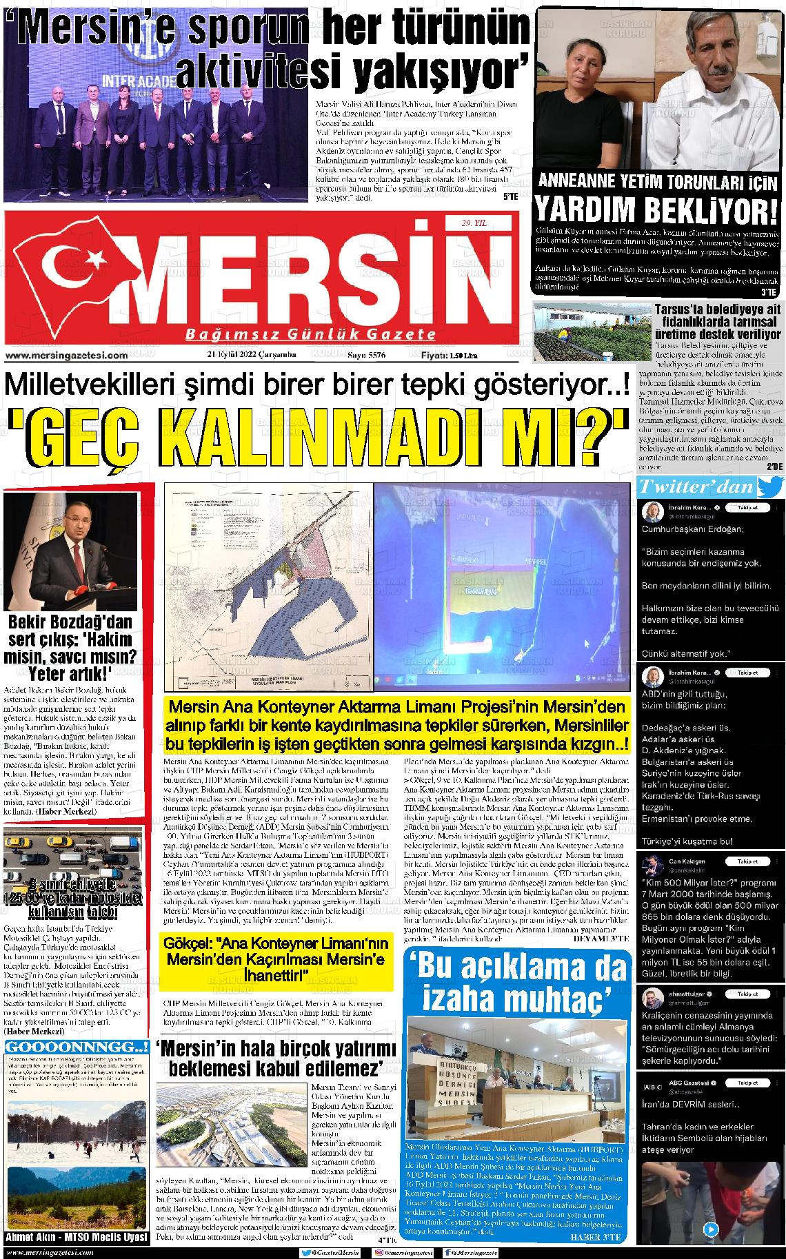 21 Eylül 2022 Mersin Gazete Manşeti