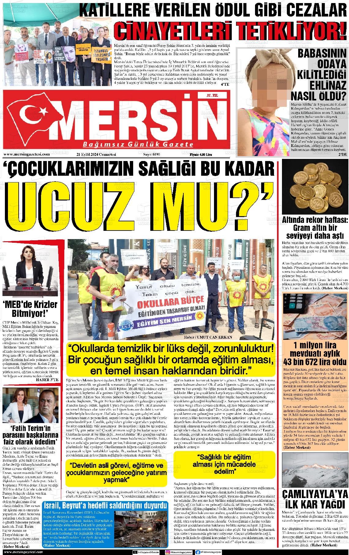 21 Eylül 2024 Mersin Gazete Manşeti