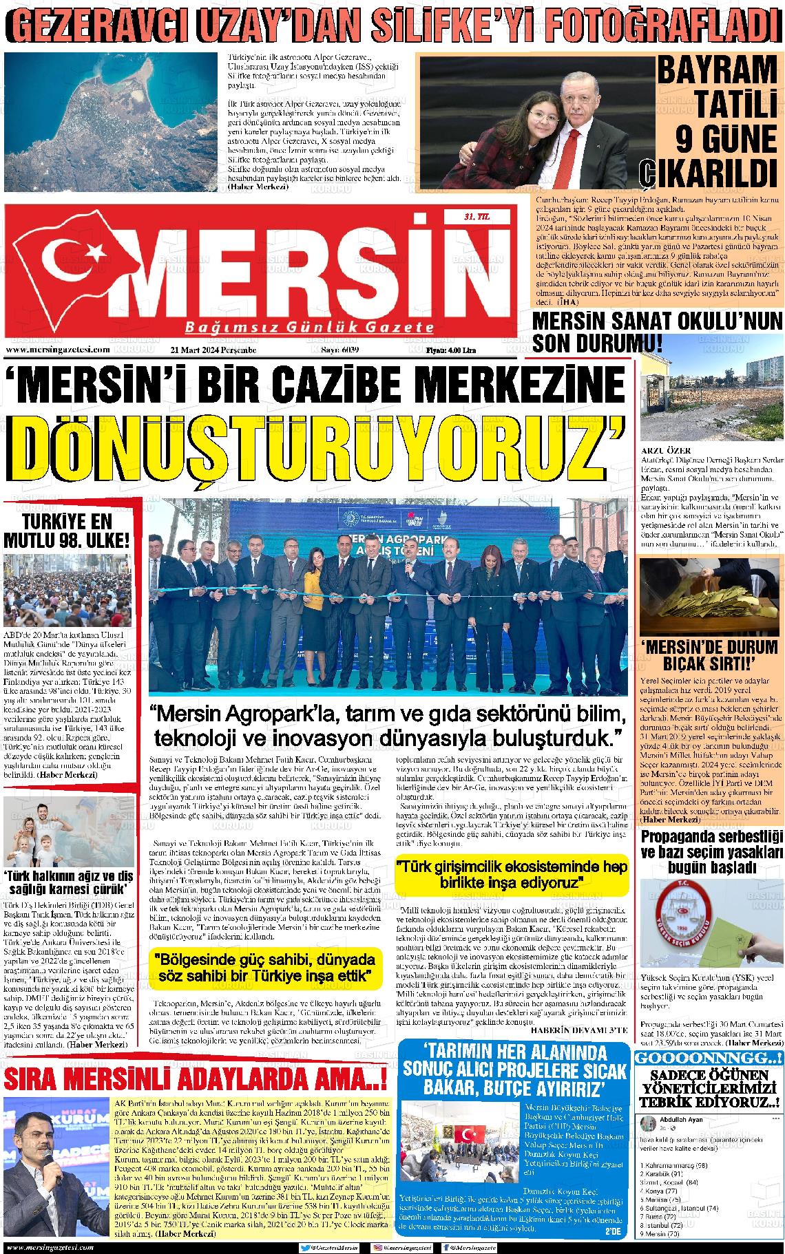 21 Mart 2024 Mersin Gazete Manşeti