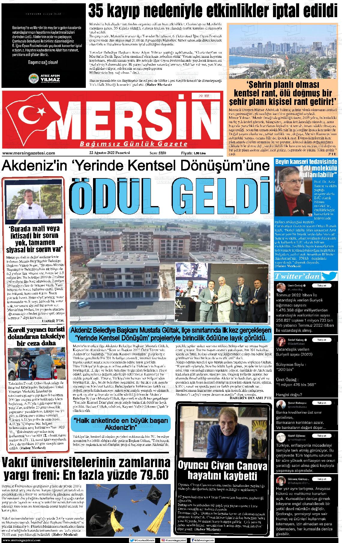 20 Ekim 2022 Mersin Gazete Manşeti