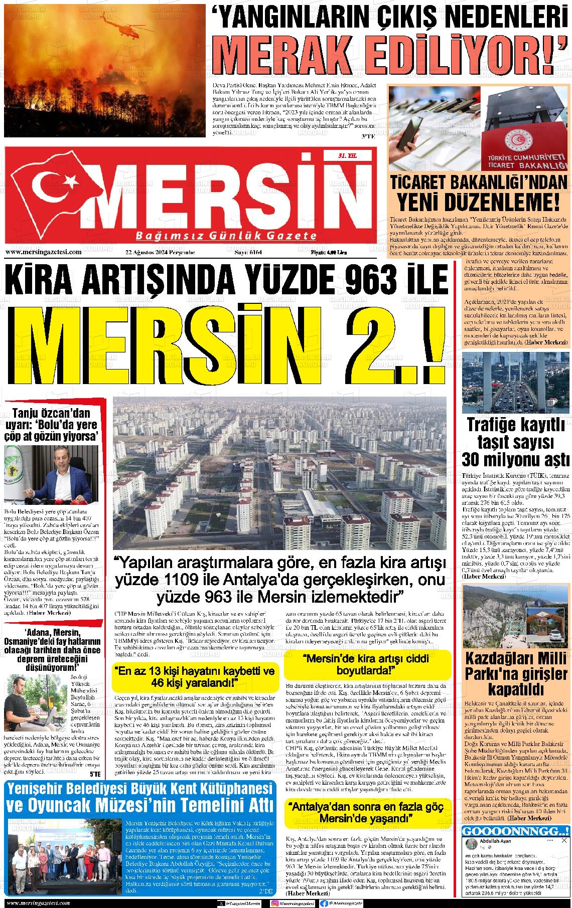 22 Ağustos 2024 Mersin Gazete Manşeti