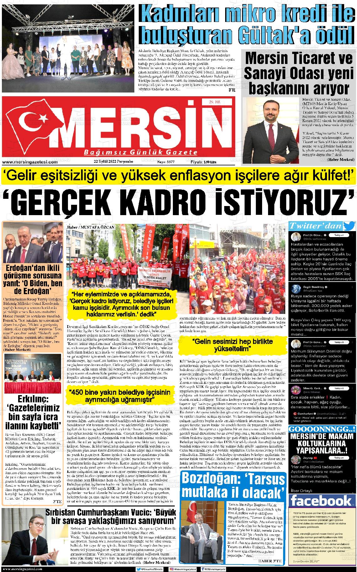 22 Eylül 2022 Mersin Gazete Manşeti