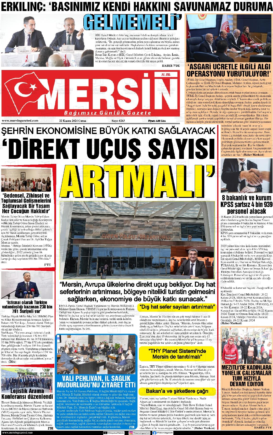 22 Kasım 2024 Mersin Gazete Manşeti