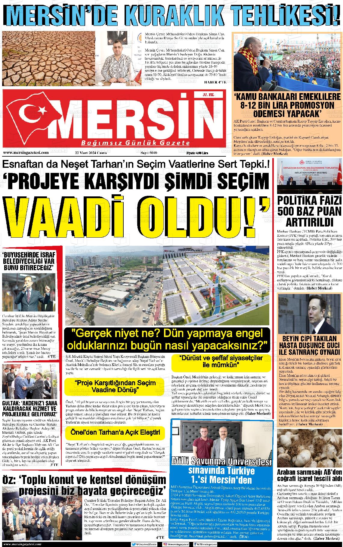 22 Mart 2024 Mersin Gazete Manşeti