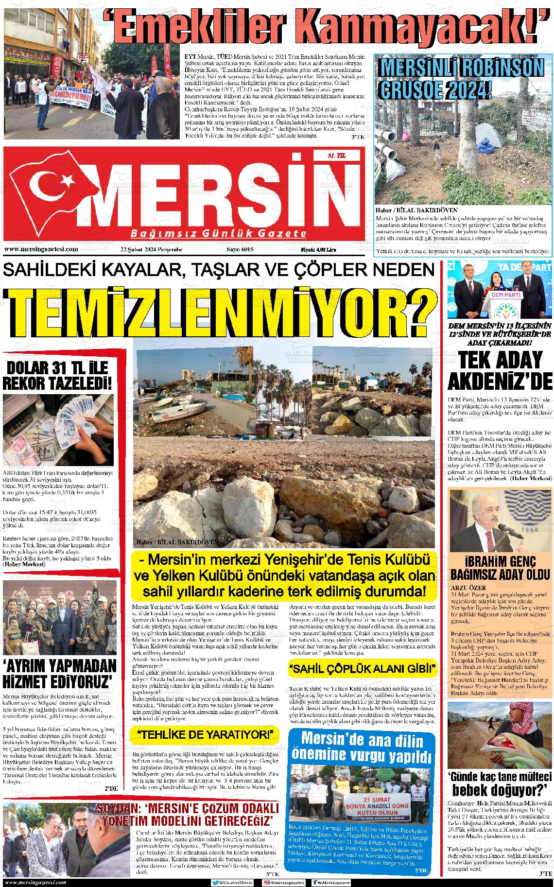 22 Şubat 2024 Mersin Gazete Manşeti