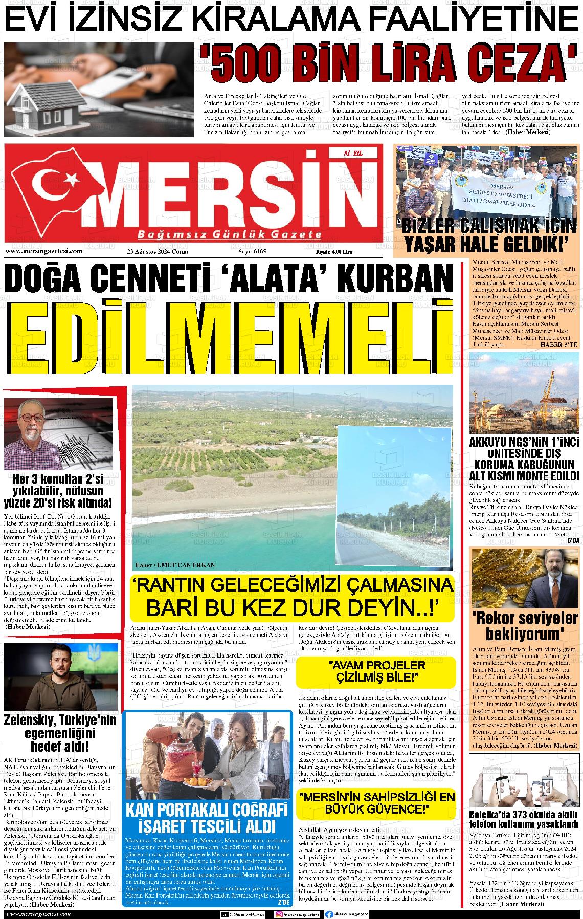 23 Ağustos 2024 Mersin Gazete Manşeti