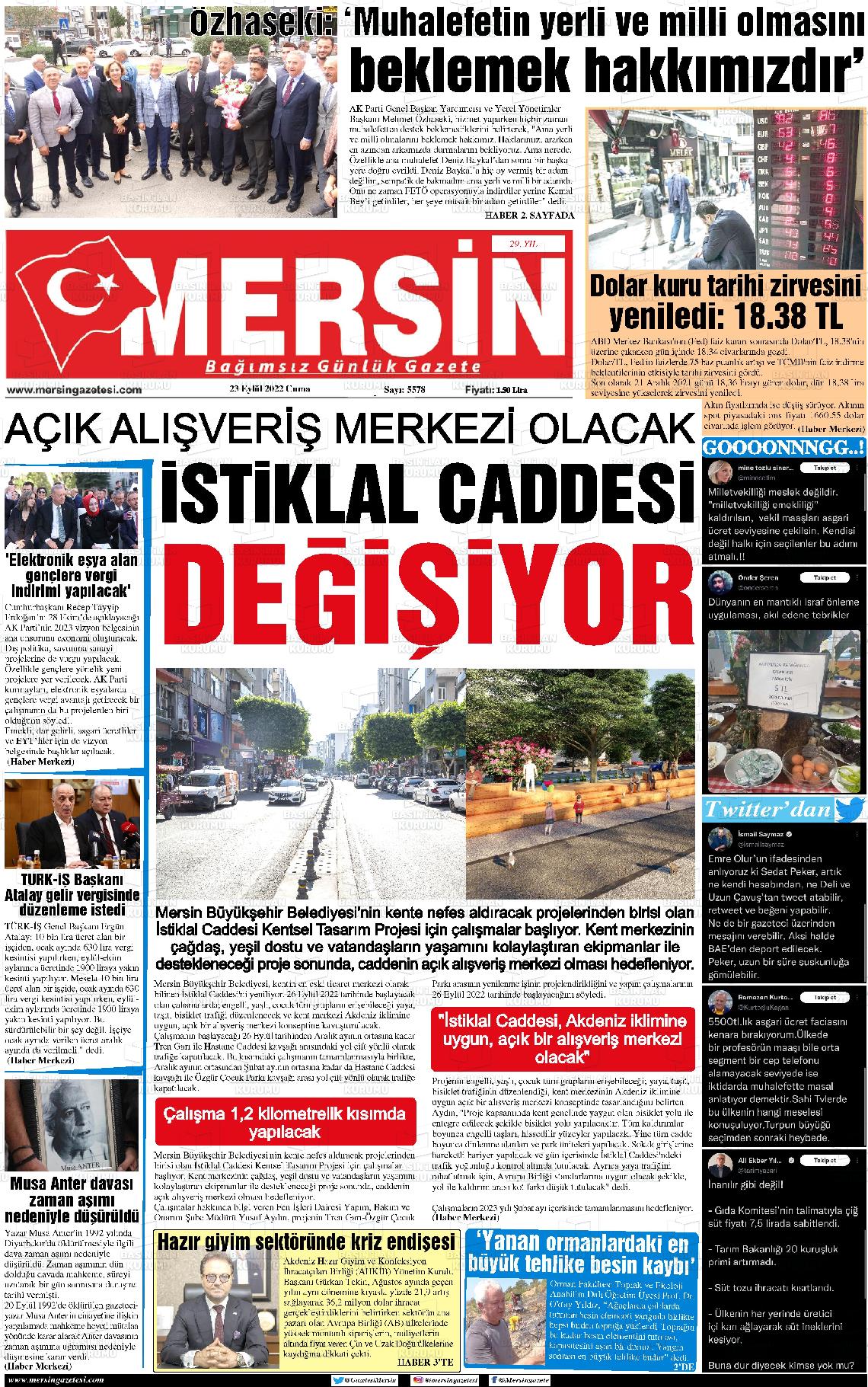 23 Eylül 2022 Mersin Gazete Manşeti