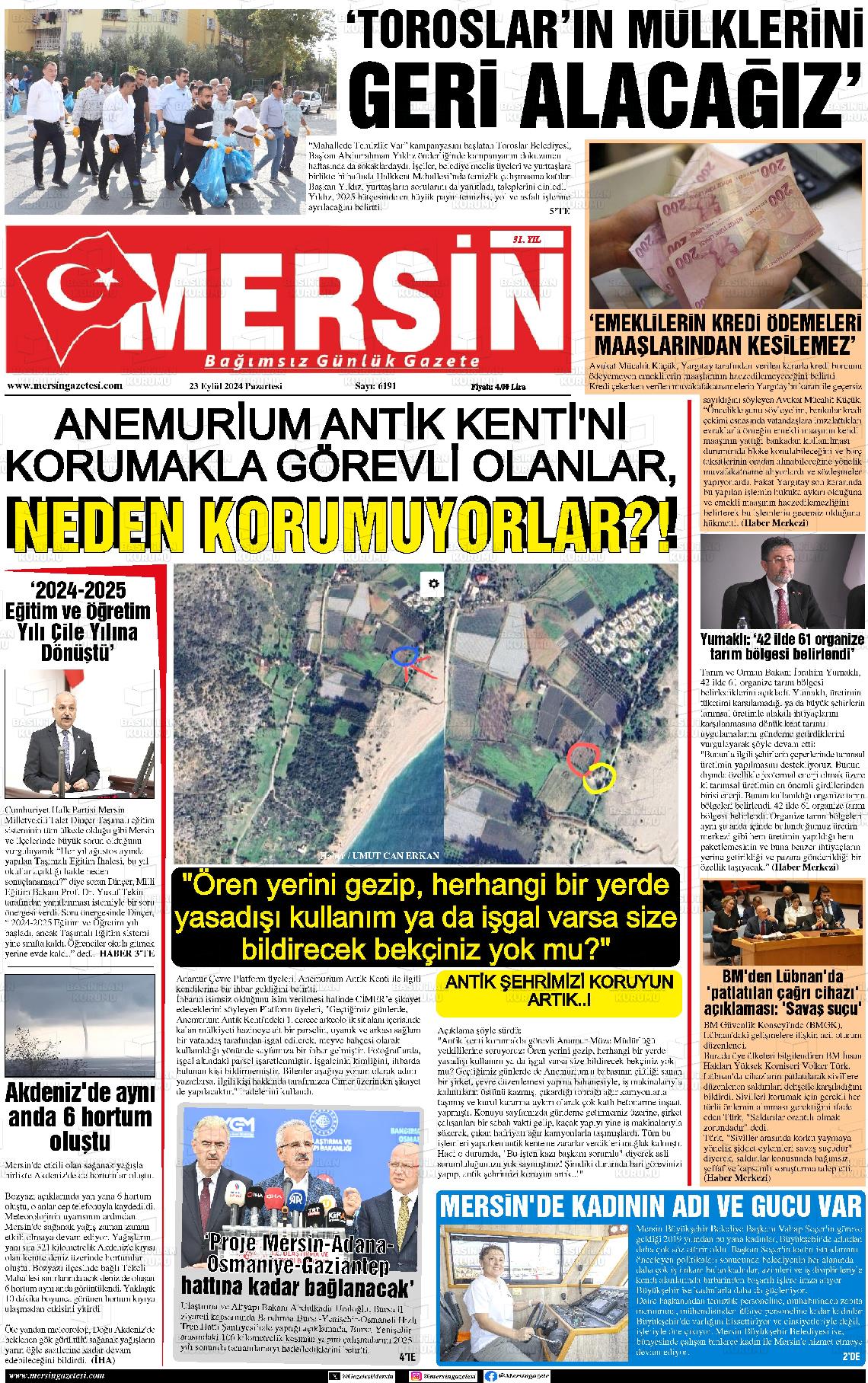 23 Eylül 2024 Mersin Gazete Manşeti