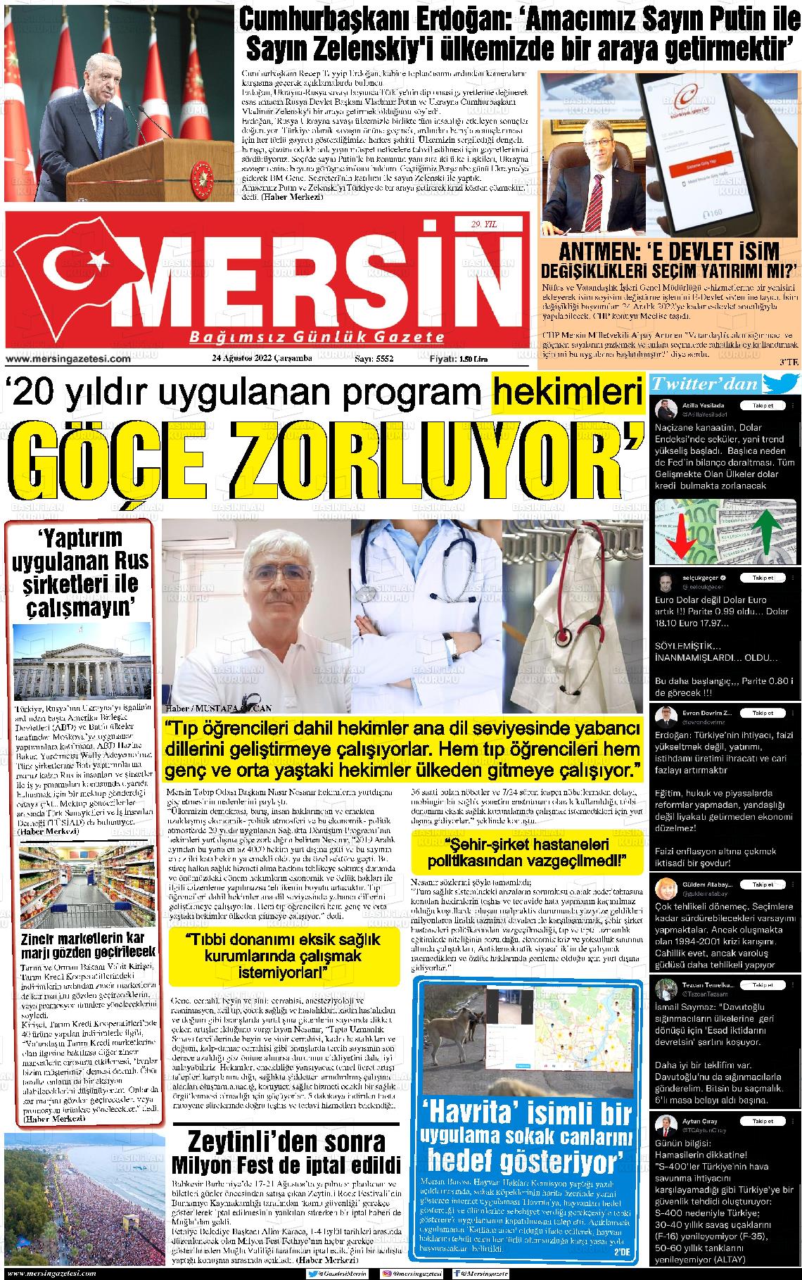 24 Ağustos 2022 Mersin Gazete Manşeti