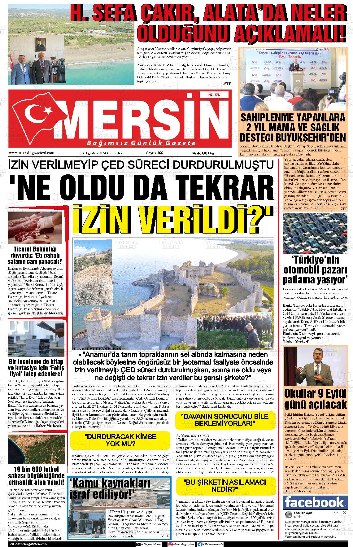 24 Ağustos 2024 Mersin Gazete Manşeti