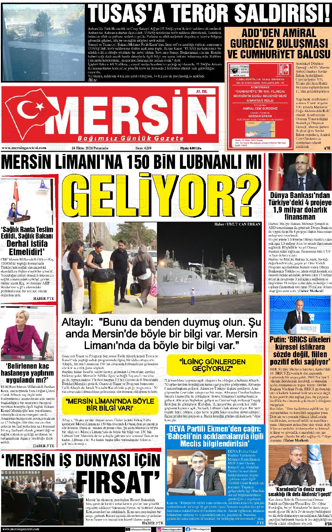 24 Ekim 2024 Mersin Gazete Manşeti