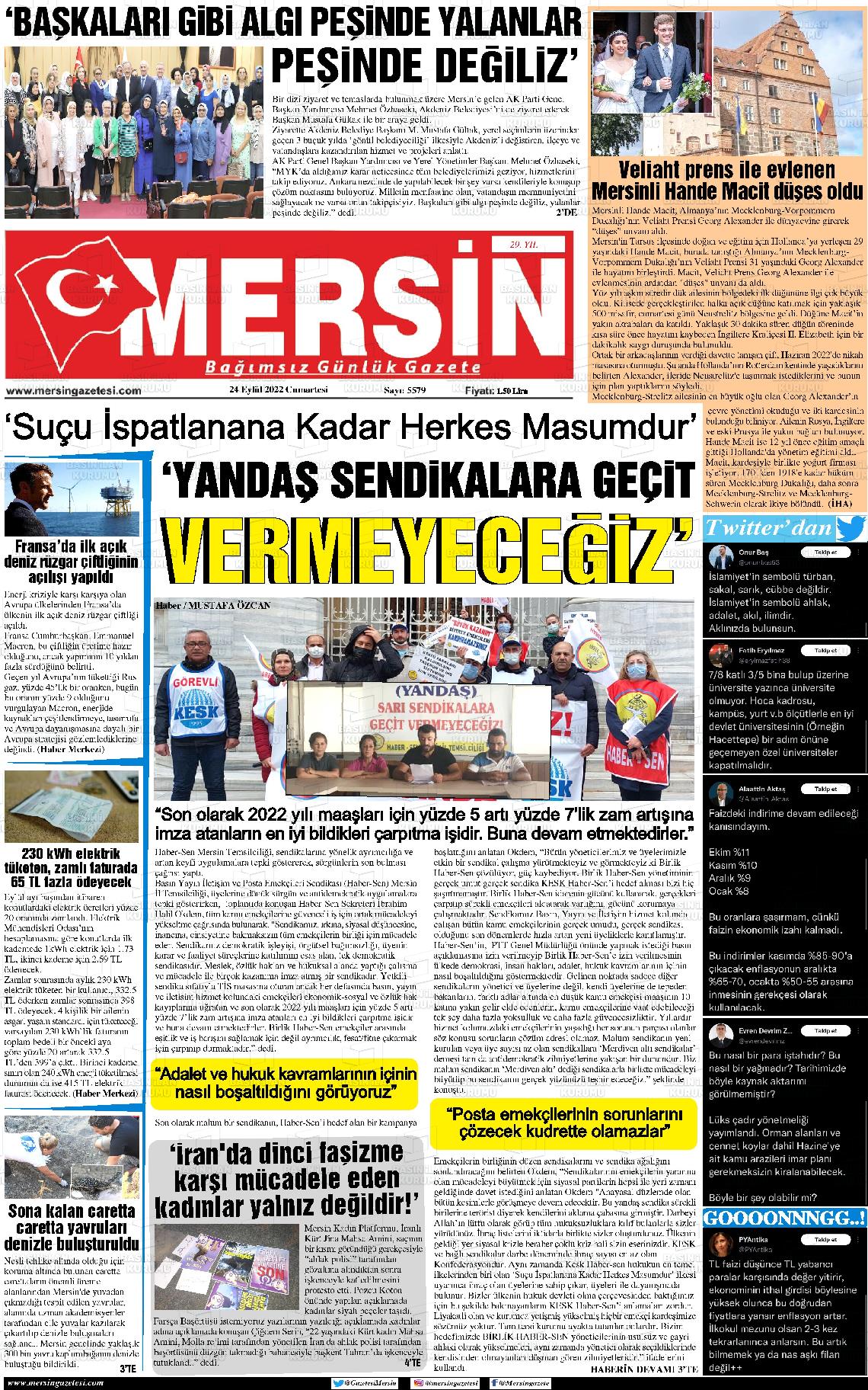 24 Eylül 2022 Mersin Gazete Manşeti