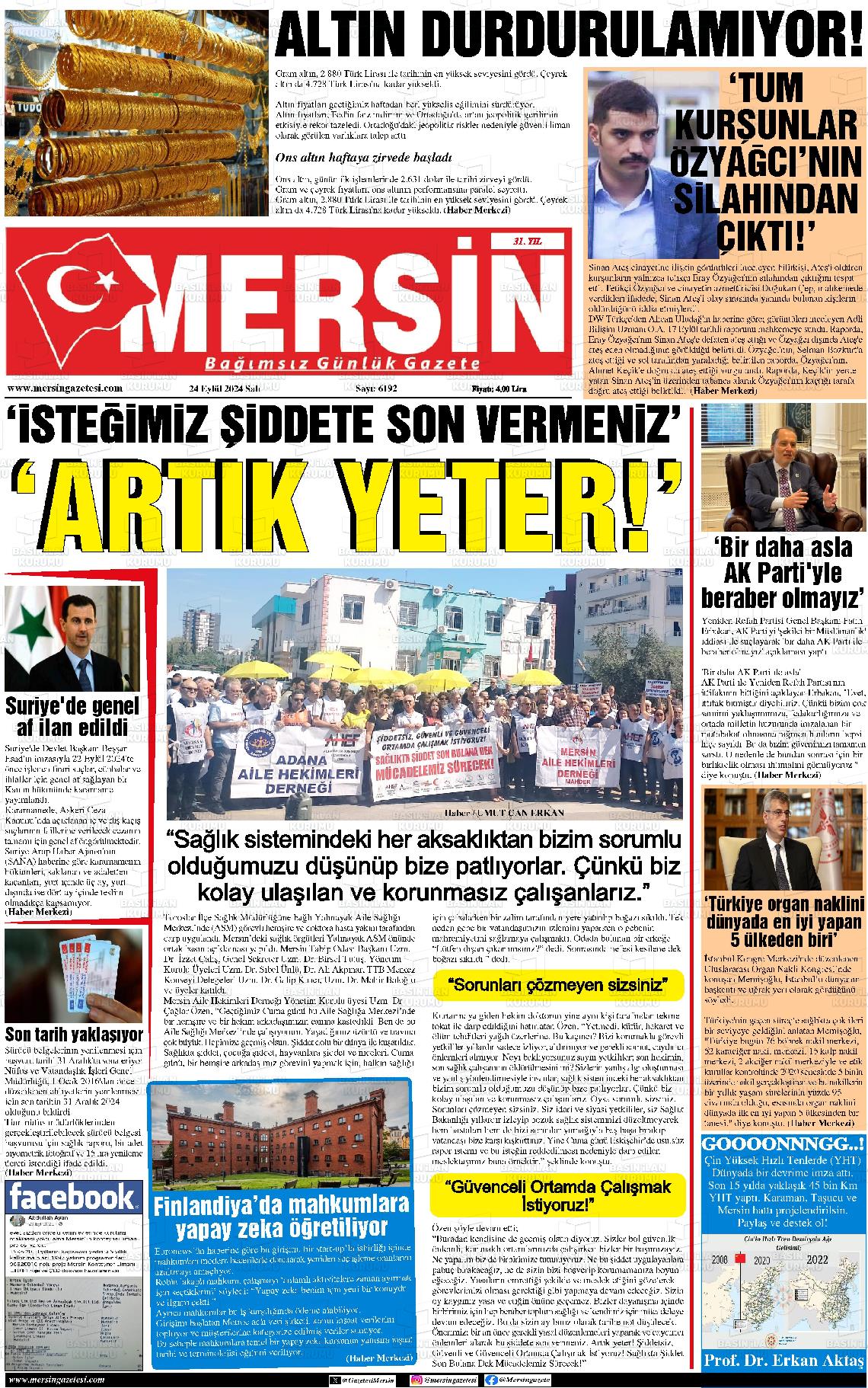 24 Eylül 2024 Mersin Gazete Manşeti