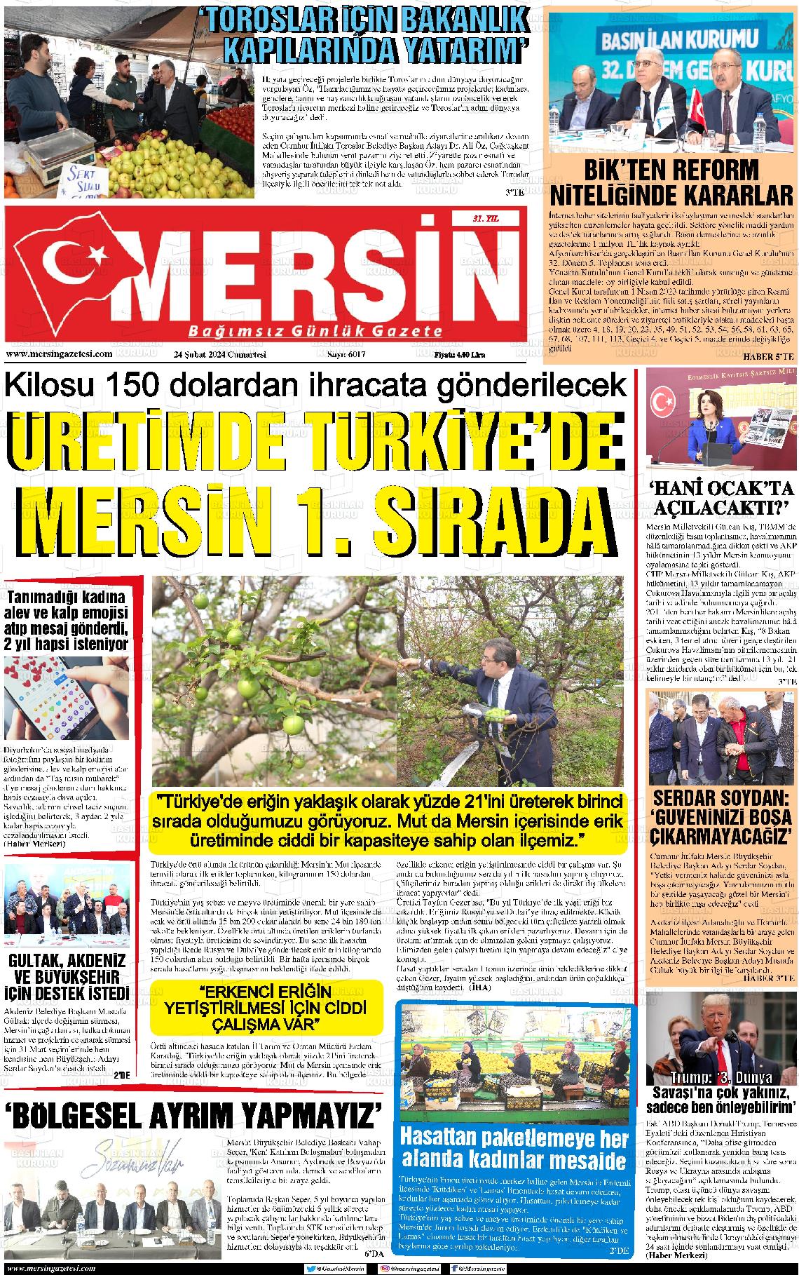 24 Şubat 2024 Mersin Gazete Manşeti