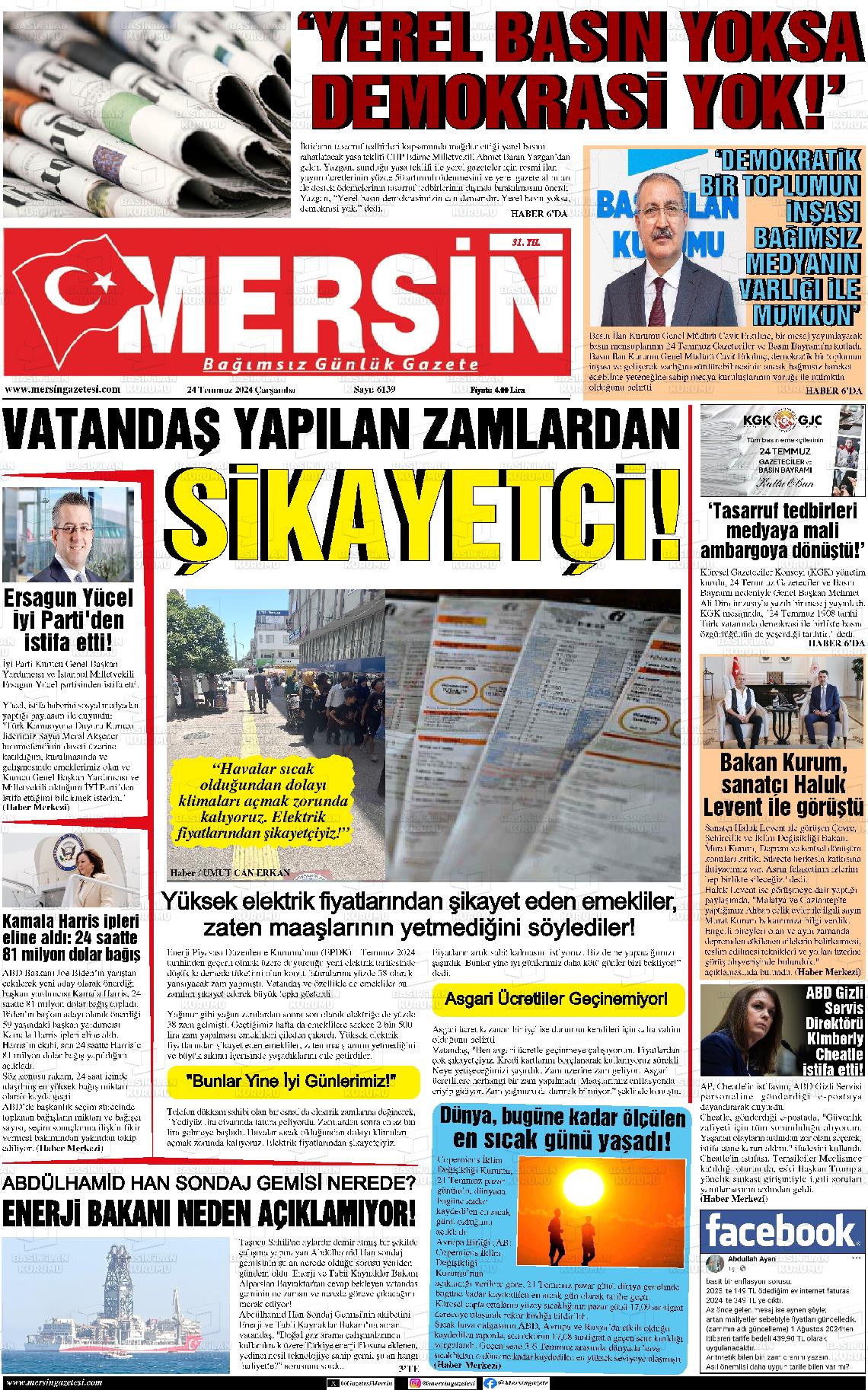 24 Temmuz 2024 Mersin Gazete Manşeti