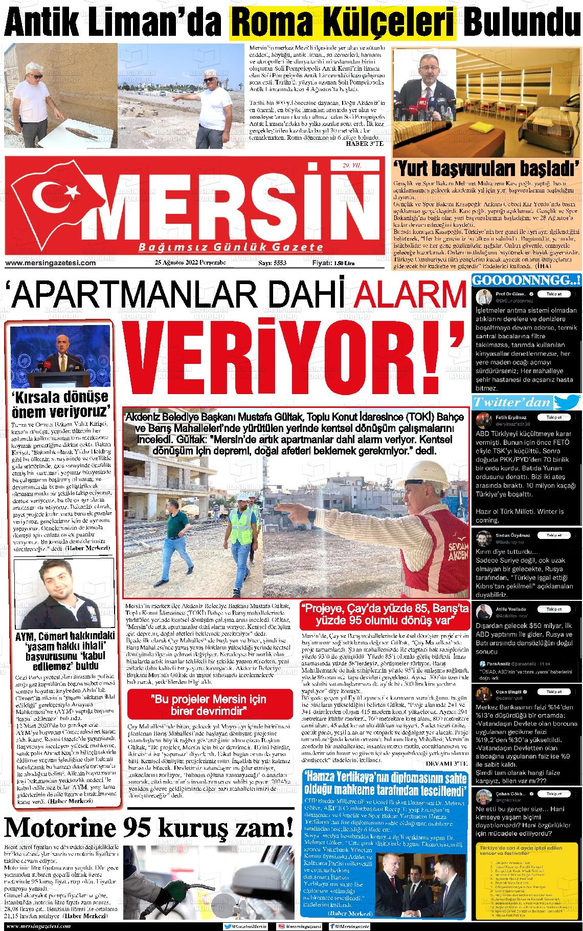 25 Ağustos 2022 Mersin Gazete Manşeti