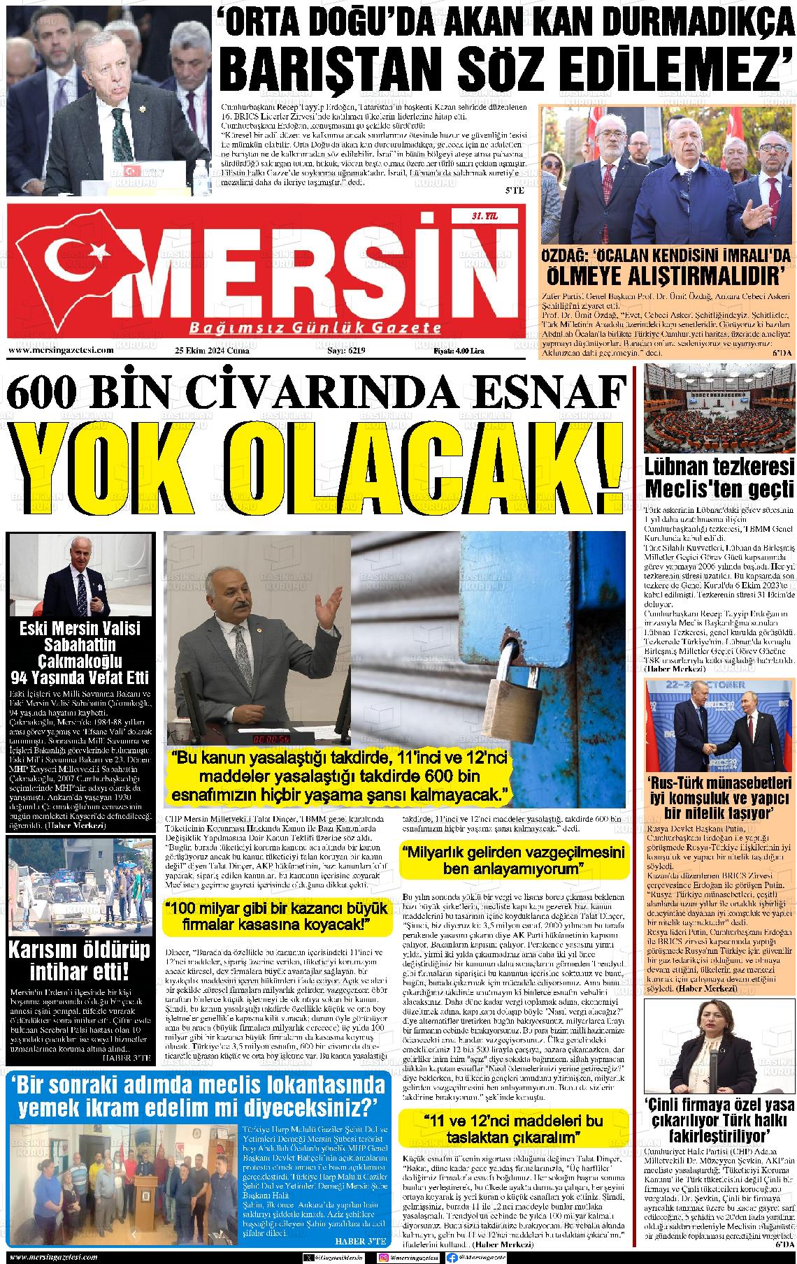 25 Ekim 2024 Mersin Gazete Manşeti