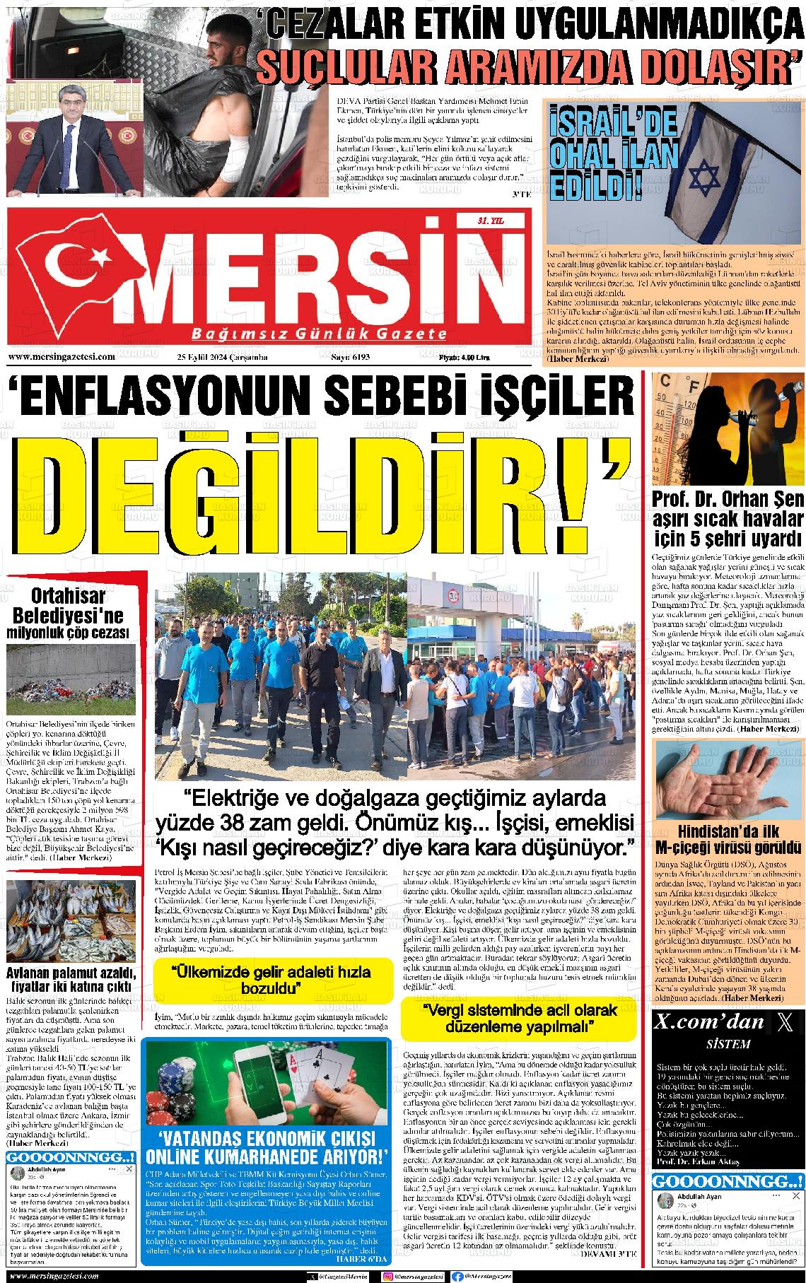 25 Eylül 2024 Mersin Gazete Manşeti