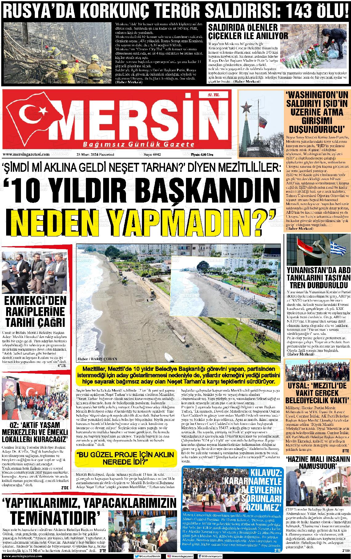 25 Mart 2024 Mersin Gazete Manşeti