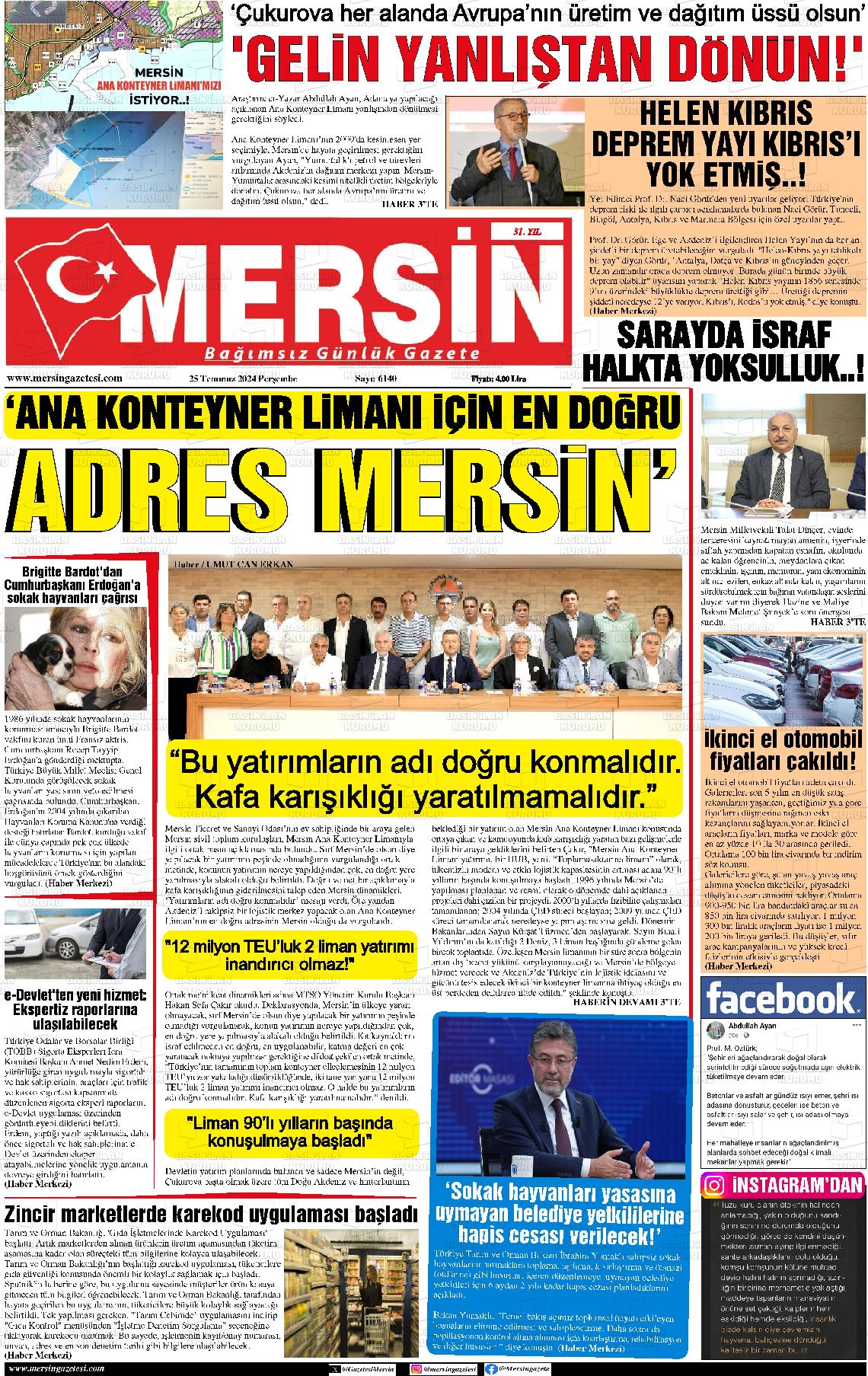 25 Temmuz 2024 Mersin Gazete Manşeti