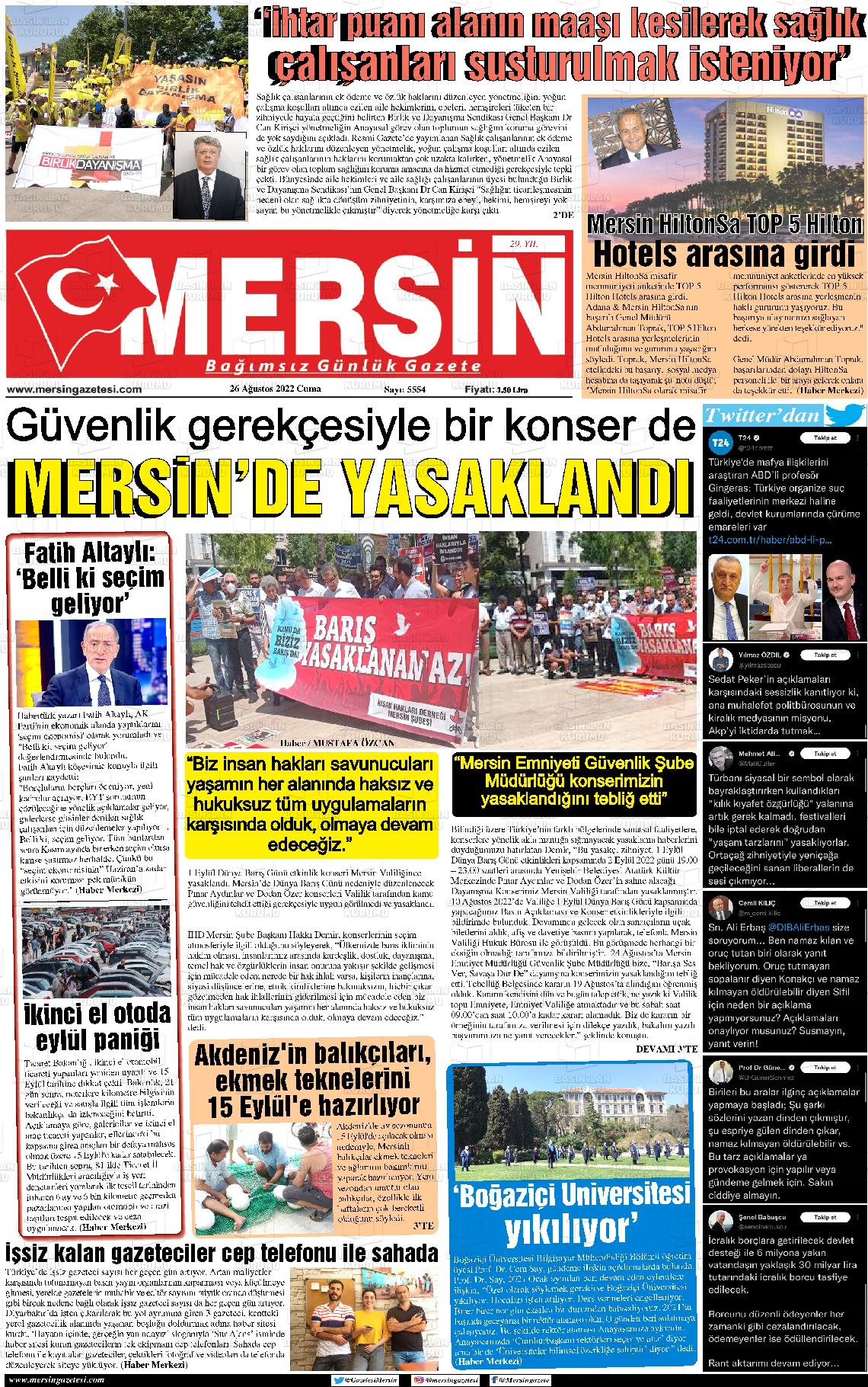 26 Ağustos 2022 Mersin Gazete Manşeti